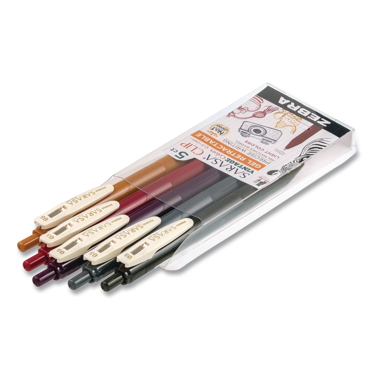 Sarasa Clip Gel Pen, Retractable, Fine 0.5 Mm, Assorted Vintage Light Ink And Barrel Colors, 5/Pack