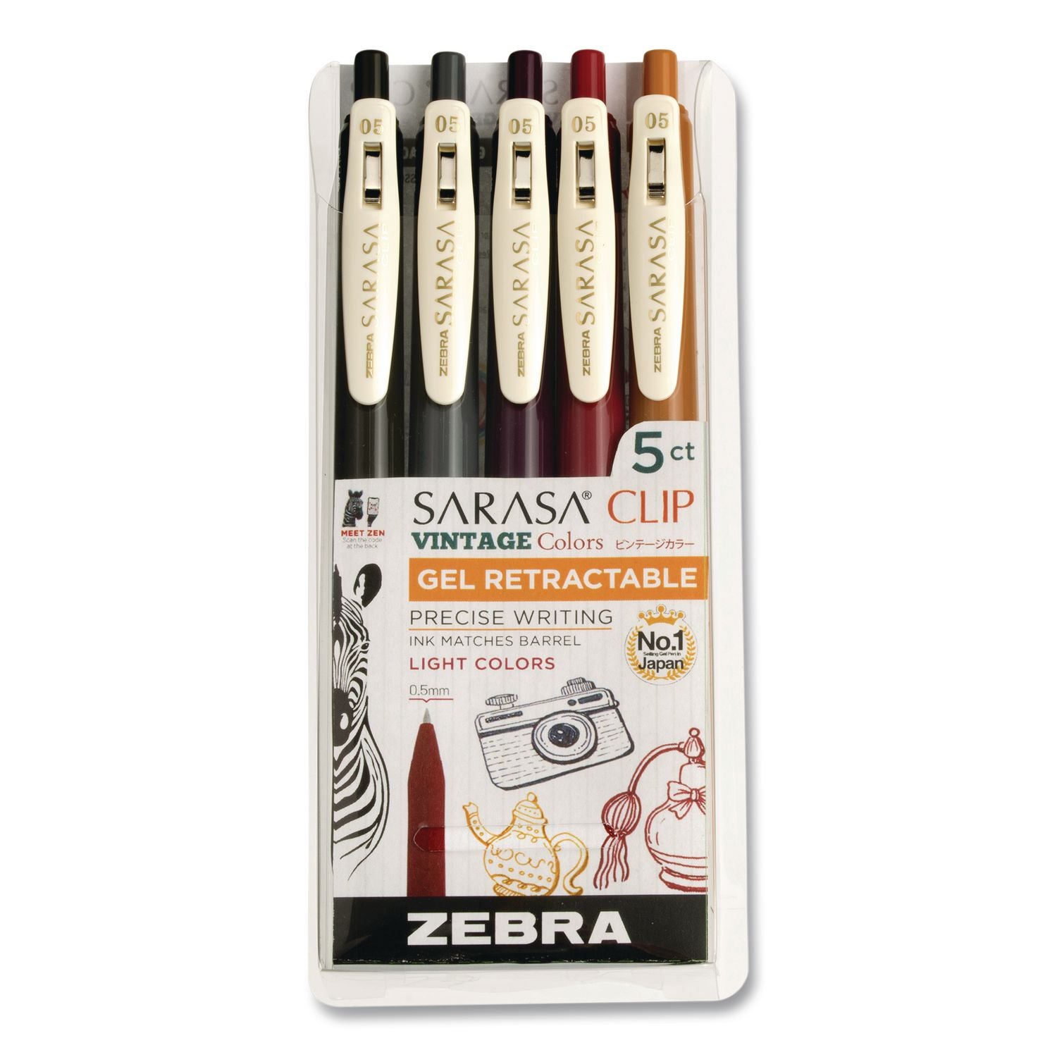 Sarasa Clip Gel Pen, Retractable, Fine 0.5 Mm, Assorted Vintage Light Ink And Barrel Colors, 5/Pack