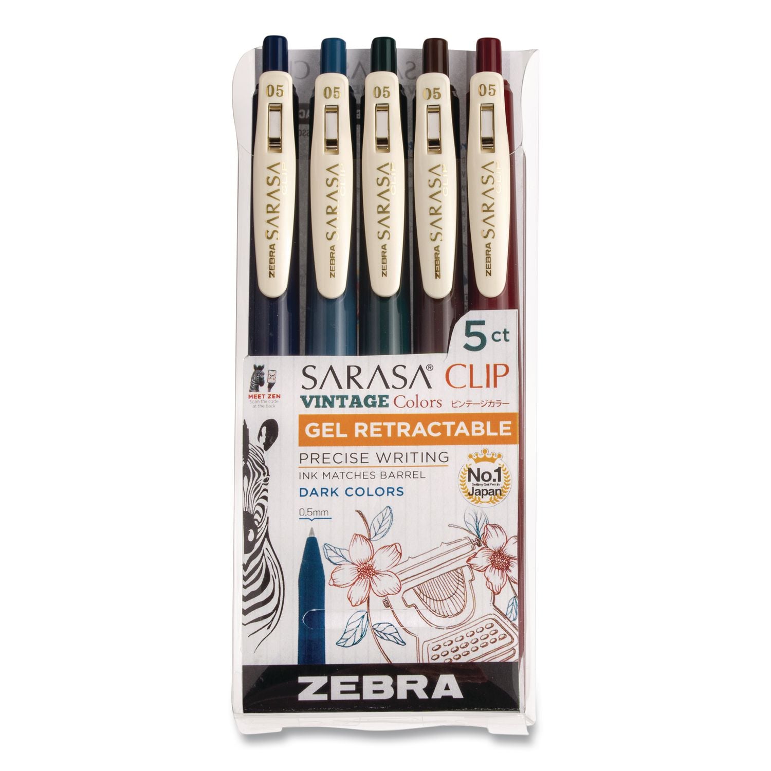 Sarasa Clip Gel Pen, Retractable, Fine 0.5 Mm, Assorted Vintage Dark Ink And Barrel Colors, 5/Pack