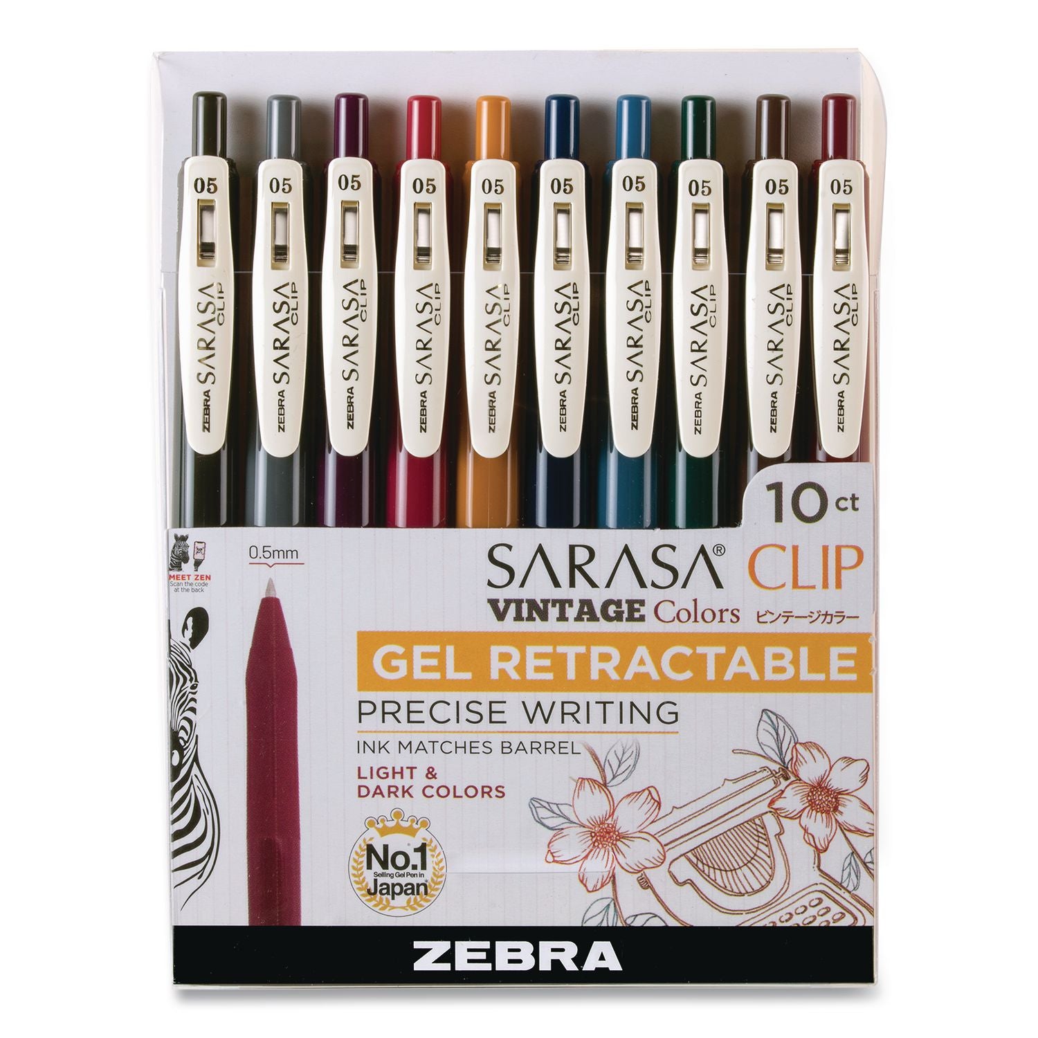 Sarasa Clip Gel Pen, Retractable, Fine 0.5 Mm, Assorted Vintage Light And Dark Ink And Barrel Colors, 10/Pack