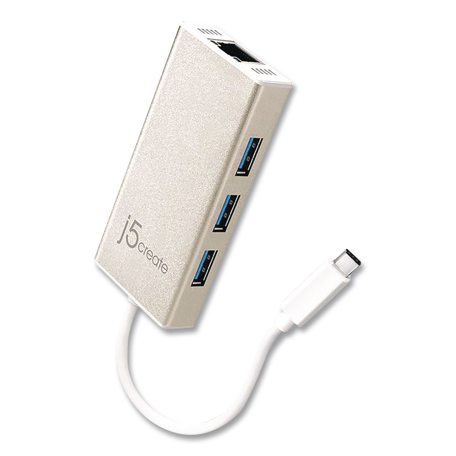 USB-C To Ethernet Adapter, RJ45/USB-A/USB-C, 5.71", Gold/White