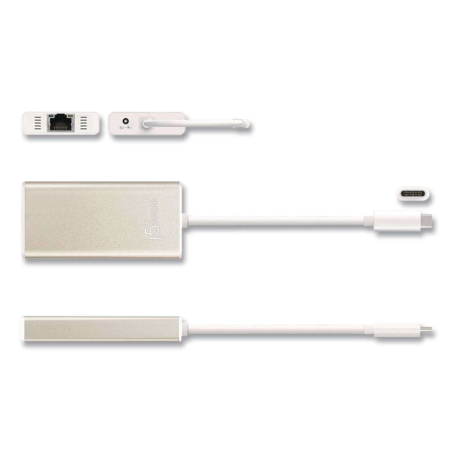 USB-C To Ethernet Adapter, RJ45/USB-A/USB-C, 5.71", Gold/White