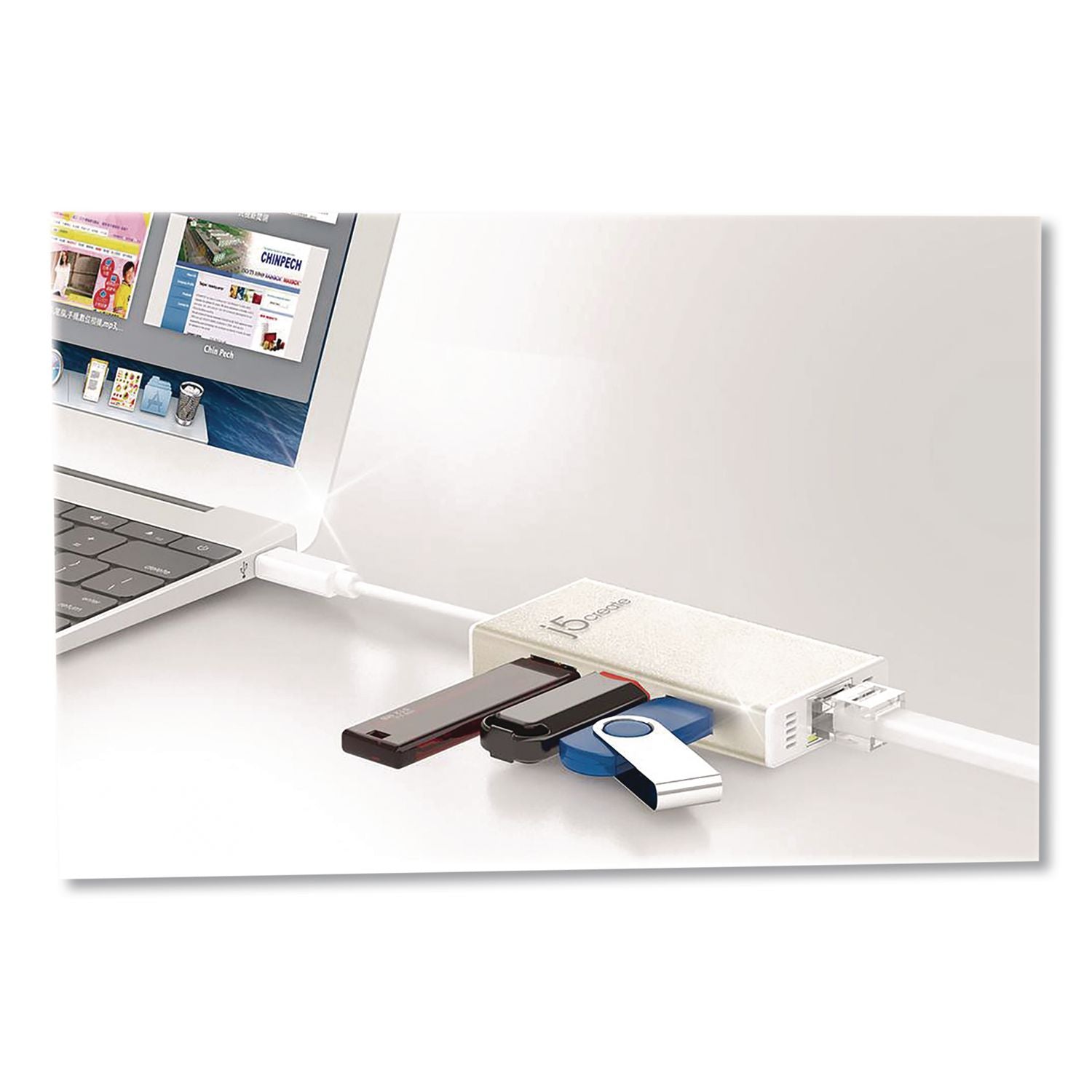 USB-C To Ethernet Adapter, RJ45/USB-A/USB-C, 5.71", Gold/White