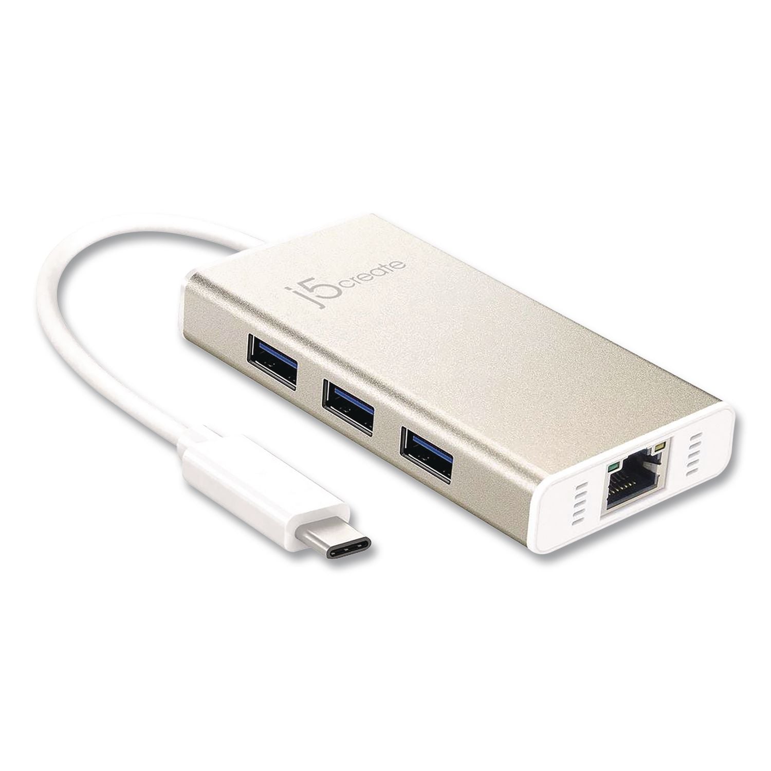 USB-C To Ethernet Adapter, RJ45/USB-A/USB-C, 5.71", Gold/White