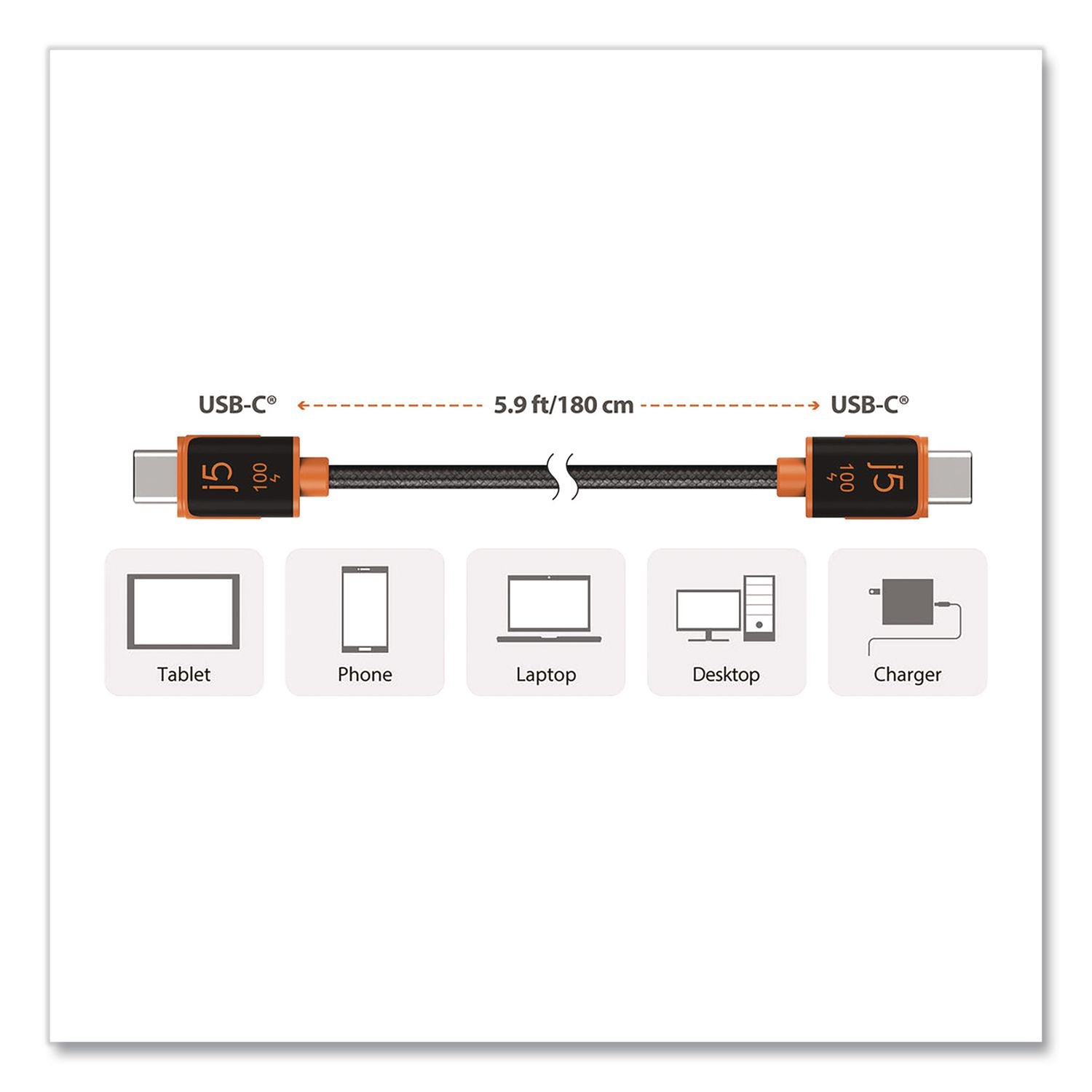 USB-C To USB-C Charging Cable, 5.9 Ft, Black/Orange