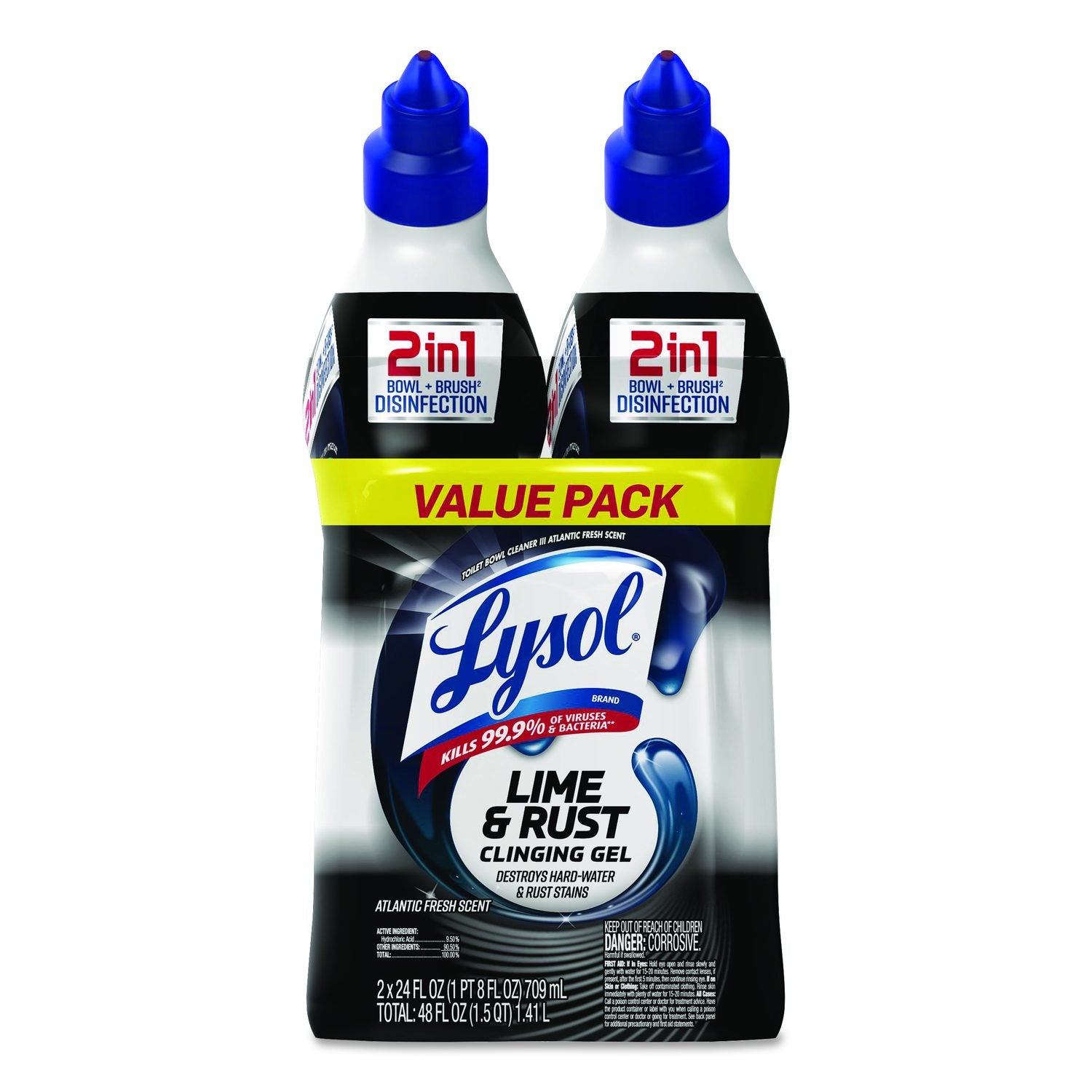 Disinfectant Toilet Bowl Cleaner With Lime And Rust Remover, Atlantic Fresh, 24 Oz Angle-Neck Bottle, 2/Pack, 4 Packs/Carton
