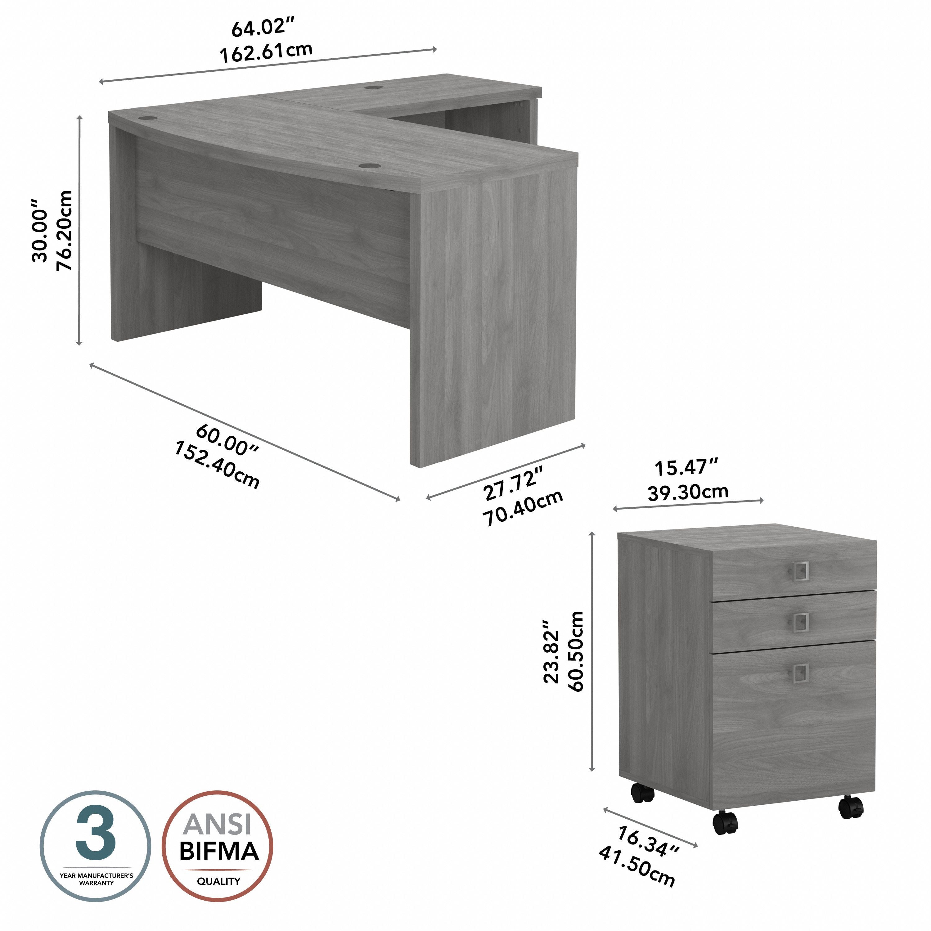 Bush Business Furniture Echo L Shaped Bow Front Desk with Mobile File Cabinet in Modern Gray - 60" Width x 64.02" Depth x 30" Height