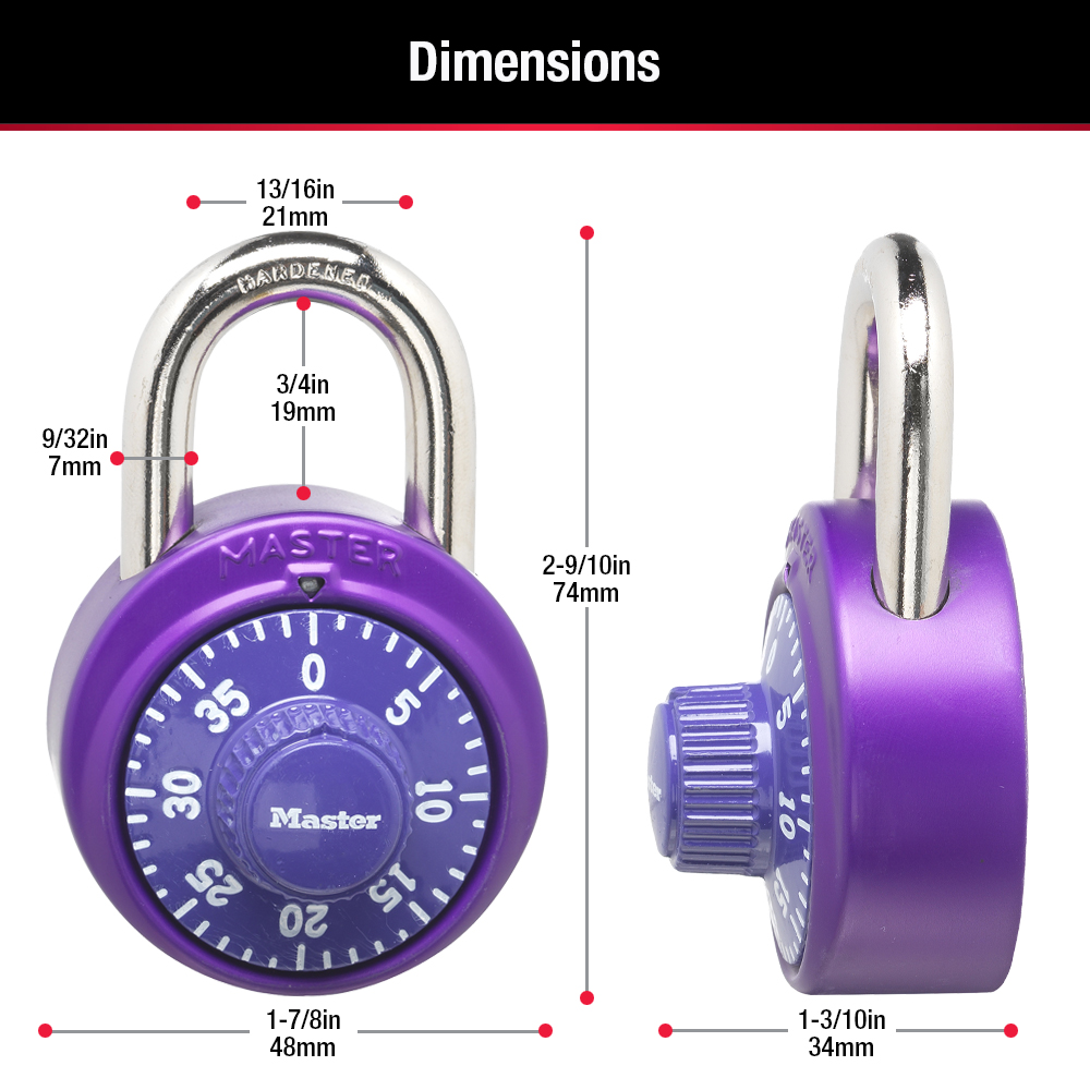 1-7/8in (48mm) Wide Combination Dial Padlock with Aluminum Cover; Assorted Colors