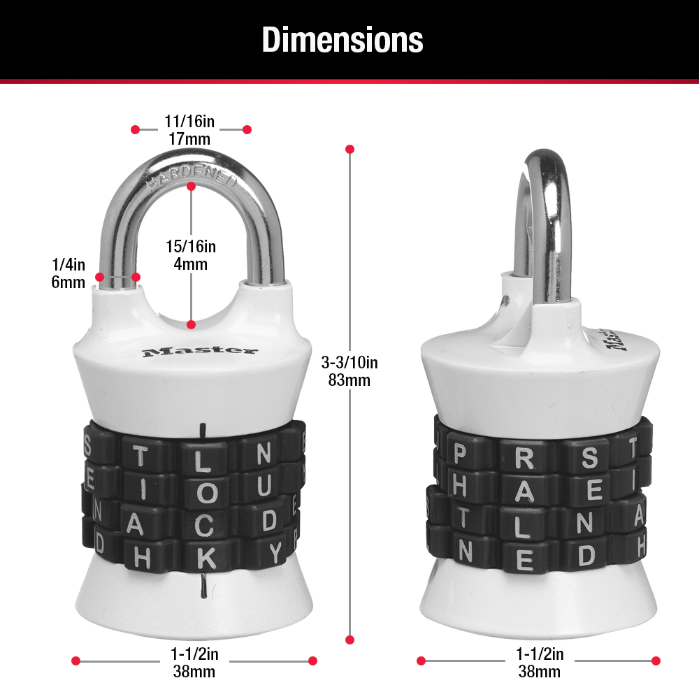 1-1/2in (38mm) Wide Set Your Own WORD Combination Padlock; Assorted Colors