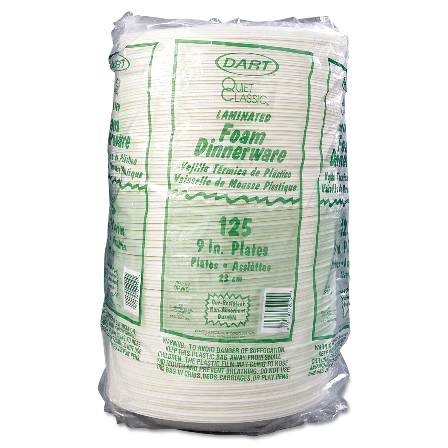 Dart Quiet Classic 9" Laminated Foam Plates - Serving - 9" Diameter - White - Foam Body - 125 / Pack