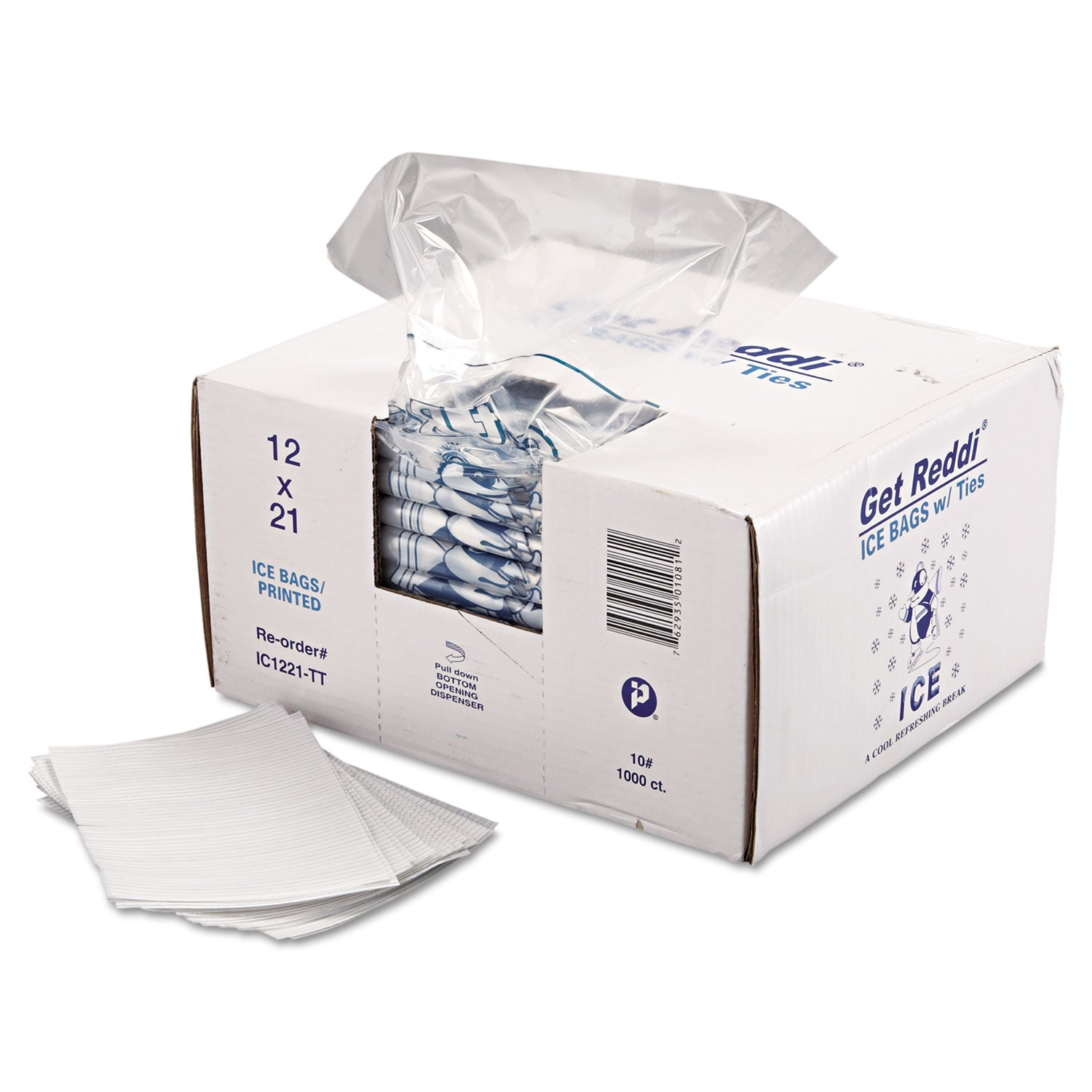 Ice Bags with Twist-Ties, Ice: Penguin Icon Labeling, 10 lb Capacity, 12" x 21", Clear, 1,000/Carton