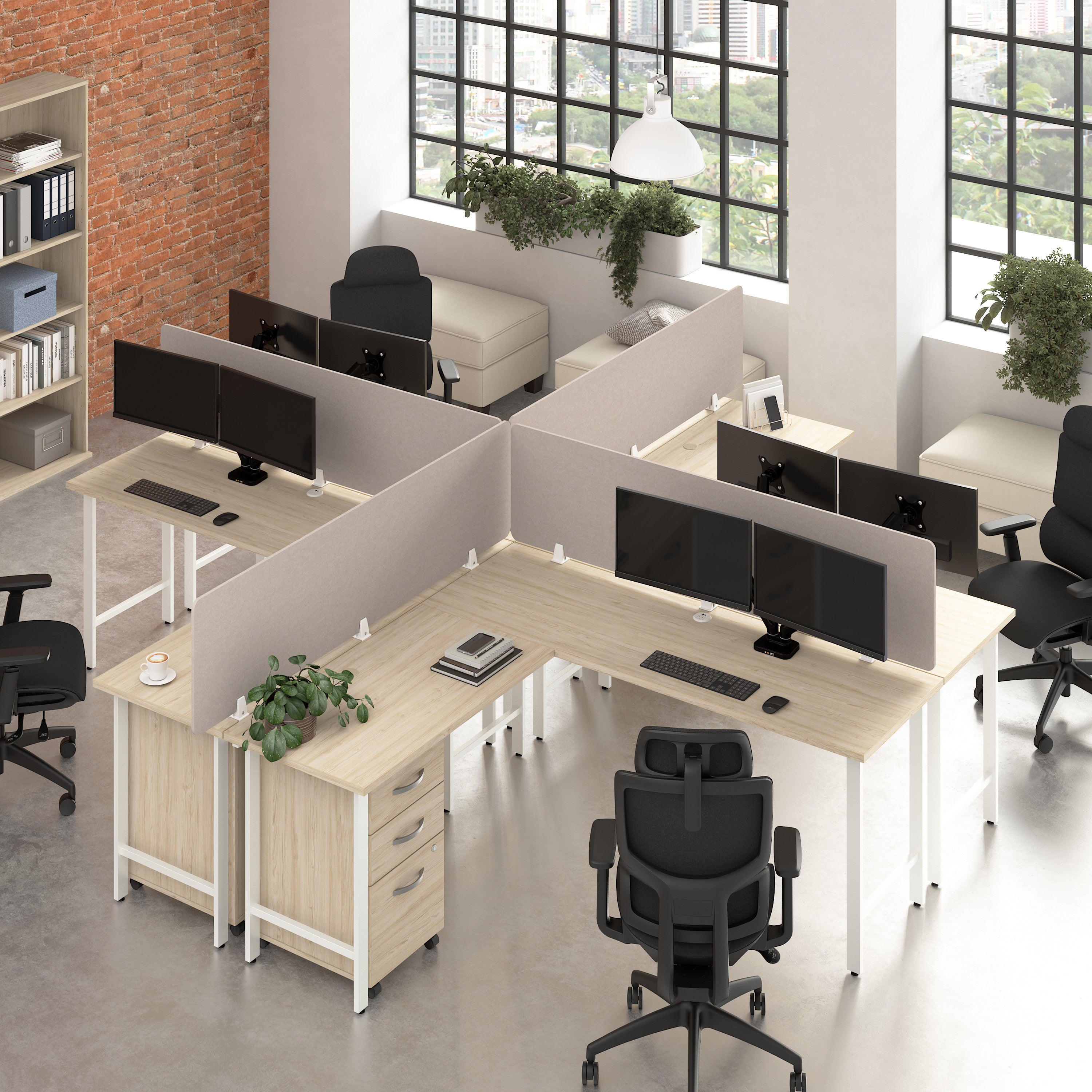 Bush Business Furniture Hustle 4 Person L Shaped Desk with Mobile File Cabinets, Power Grommets, and Privacy Screens in Natural Elm - 71.02" Width x 23.34" Depth x 30.07" Height