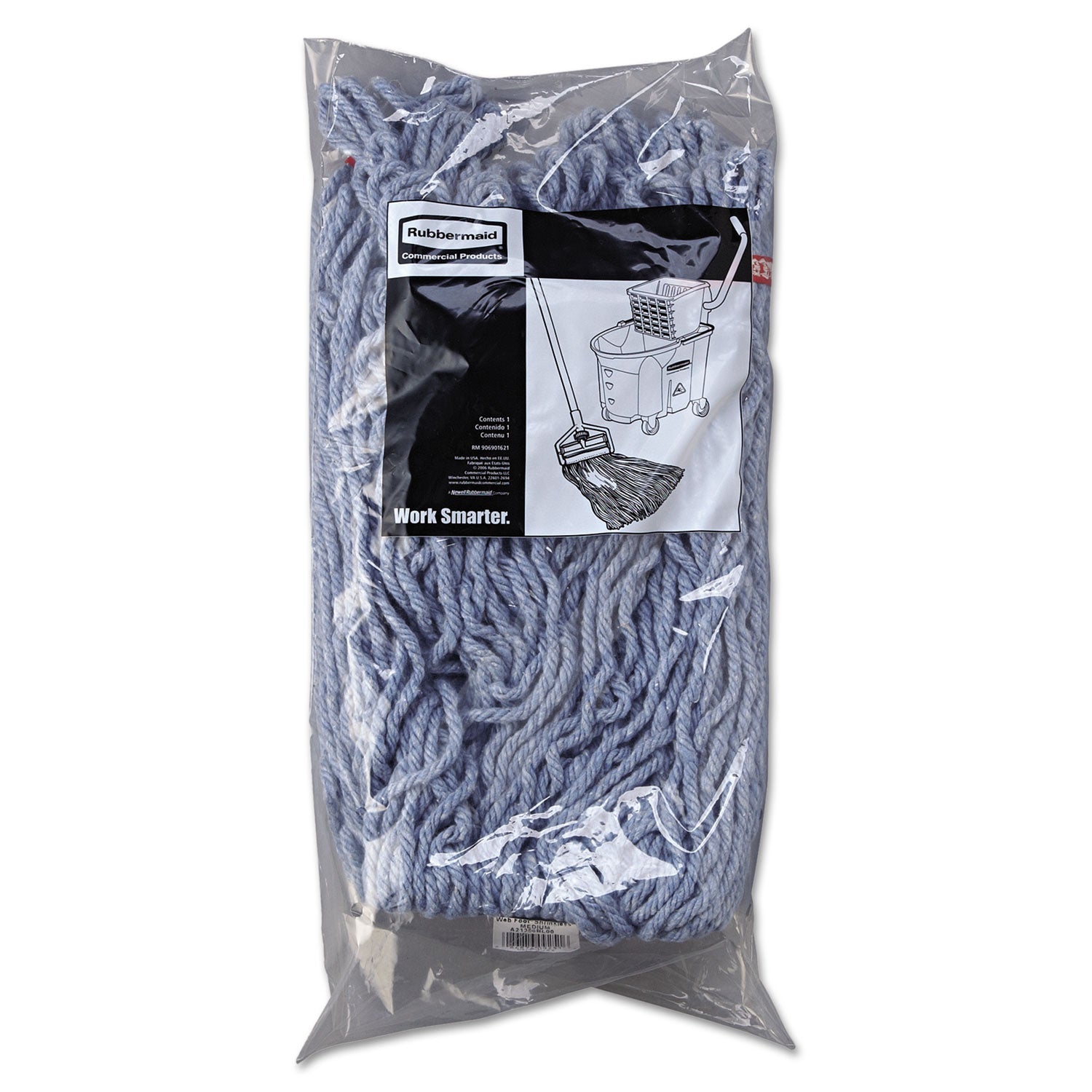 Web Foot Wet Mop Head with 1" Headband, Shrinkless, Cotton/Synthetic, Blue, Medium, 6/Carton