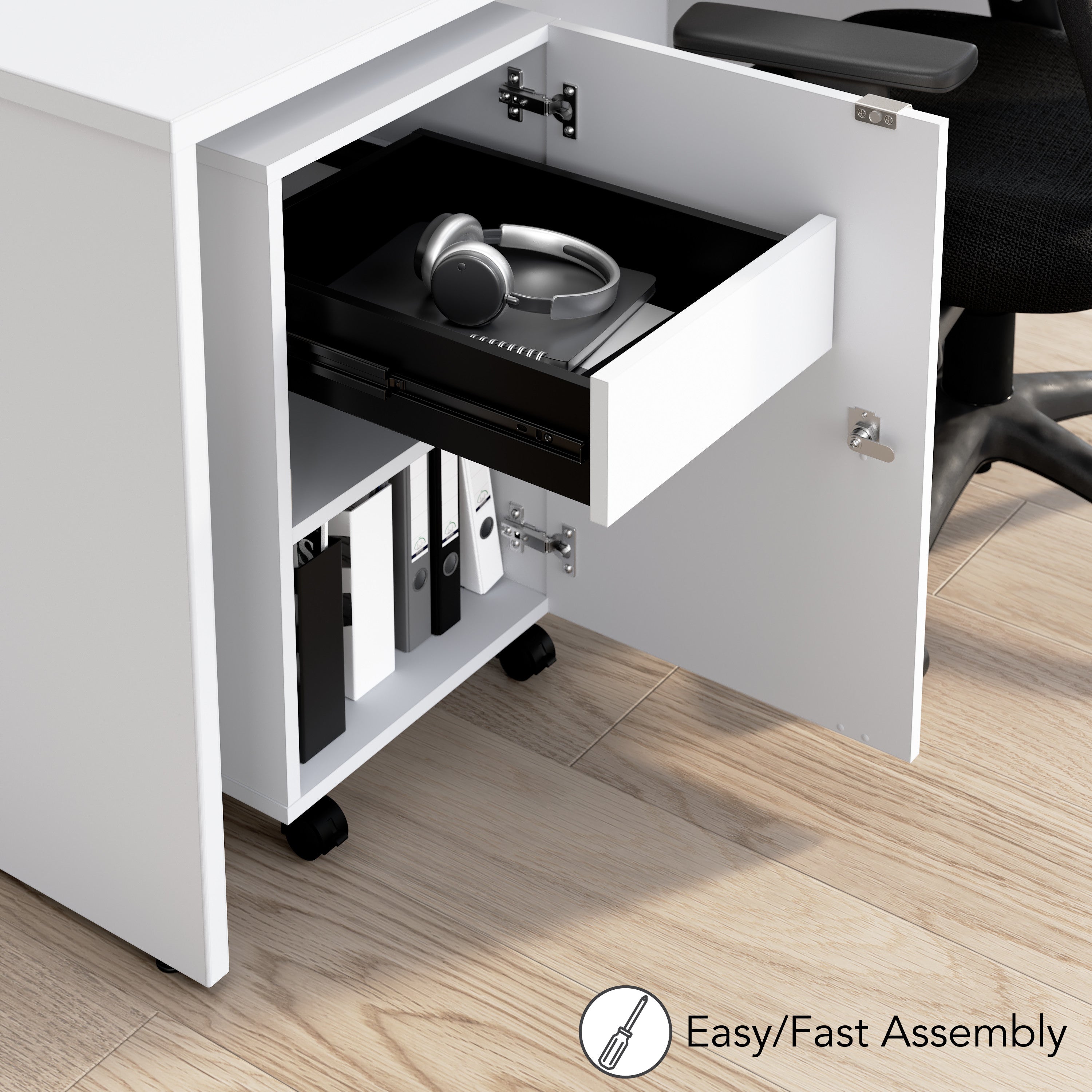 Bush Business Furniture Assure Mobile File Cabinet with Drawer, Door, and Keypad Lock in White - 15.65" Width x 20.24" Depth x 25.91" Height
