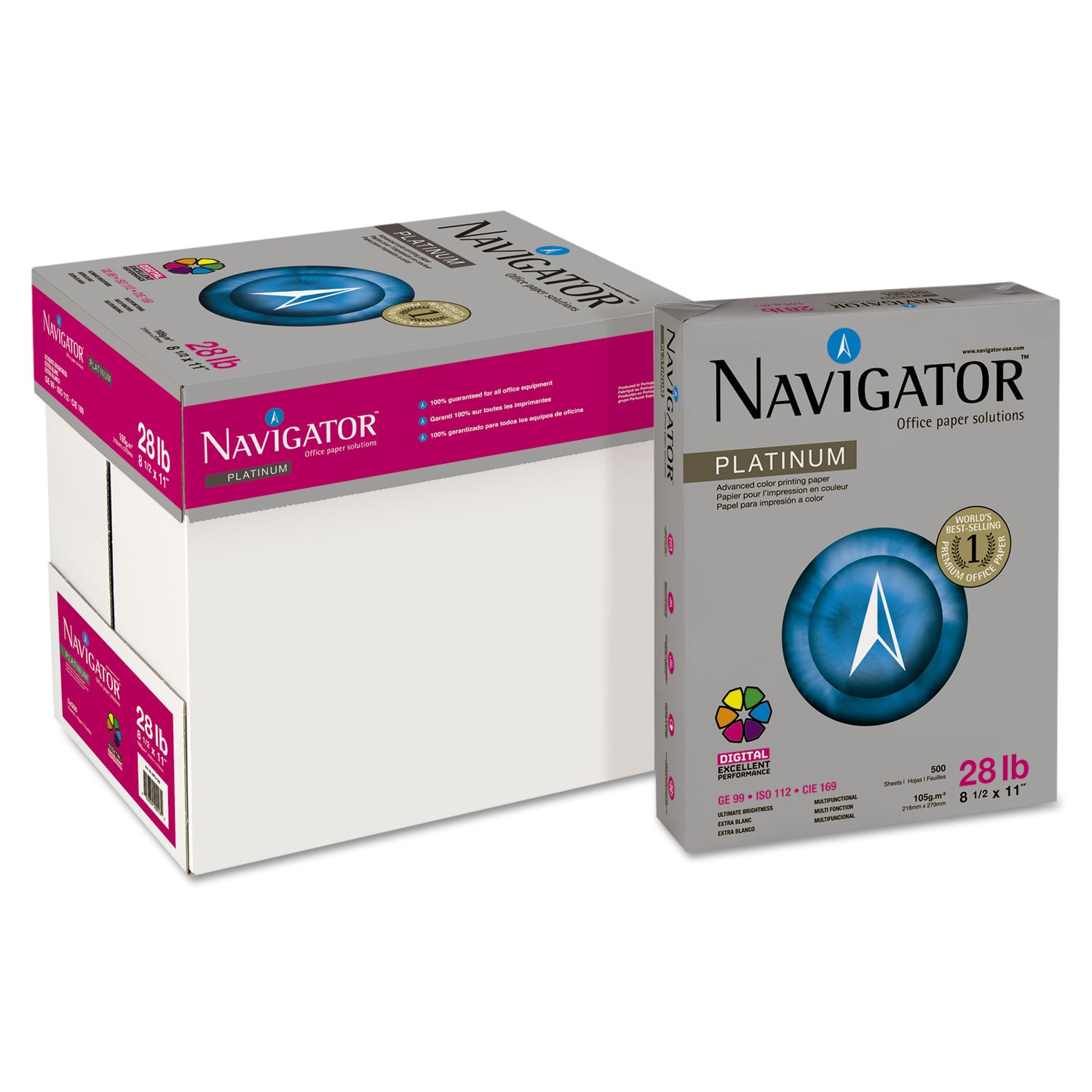 Navigator Platinum Office Multipurpose Paper - Bright White - 99 Brightness - Letter - 8 1/2" x 11" - 28 lb Basis Weight - Smooth - Jam-free - Bright White - 500 Sheets per Ream - 5 / Carton