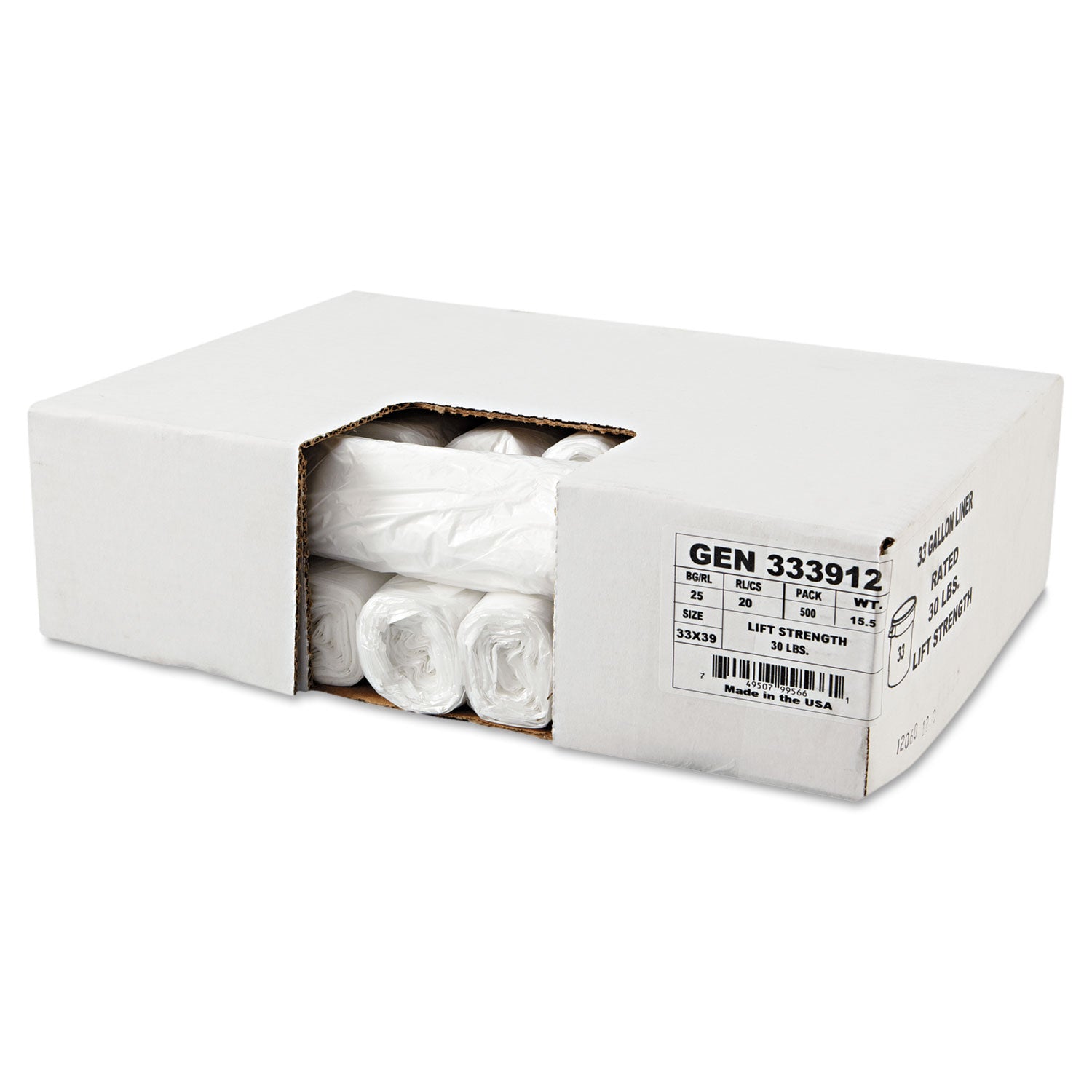 High-Density Can Liners, 33 gal, 9 mic, 33" x 39", Natural, Perforated Roll, 25 Bags/Roll, 20 Rolls/Carton