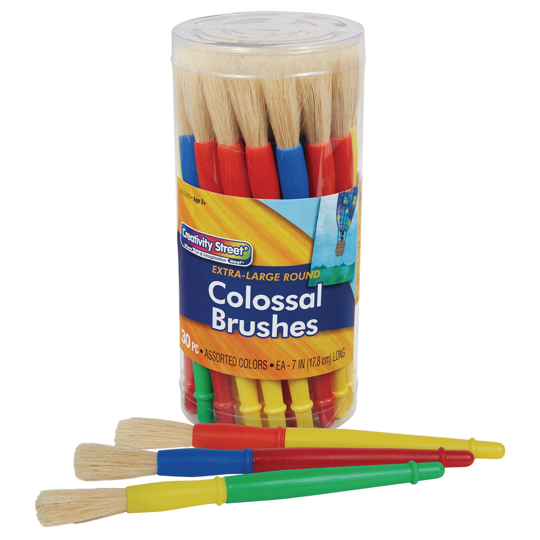 Plastic Handle Brush Classroom Pack, Colossal Brush Set, 7" Long, 30 Brushes