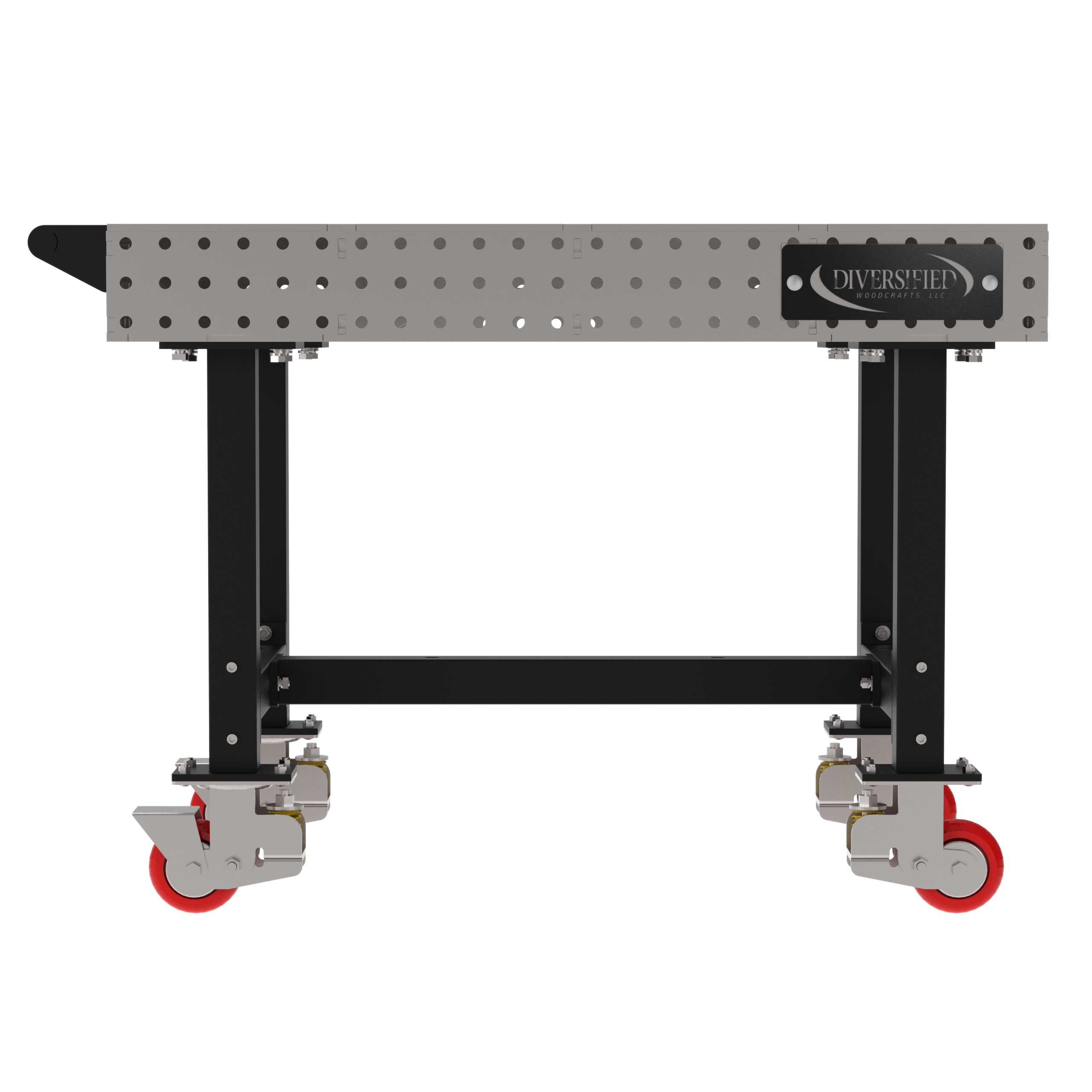 Welding Fixture Table, Fixed Height, 36"H x 48"L x 30"D, 1/4" Carbon Steel Top, Four Black Powdercoat Legs, Handle, 4 Heavy Duty Suspension Casters (2 Locking/Swiveling Casters and 2 Non-Locking/Non-SwivelingCasters)