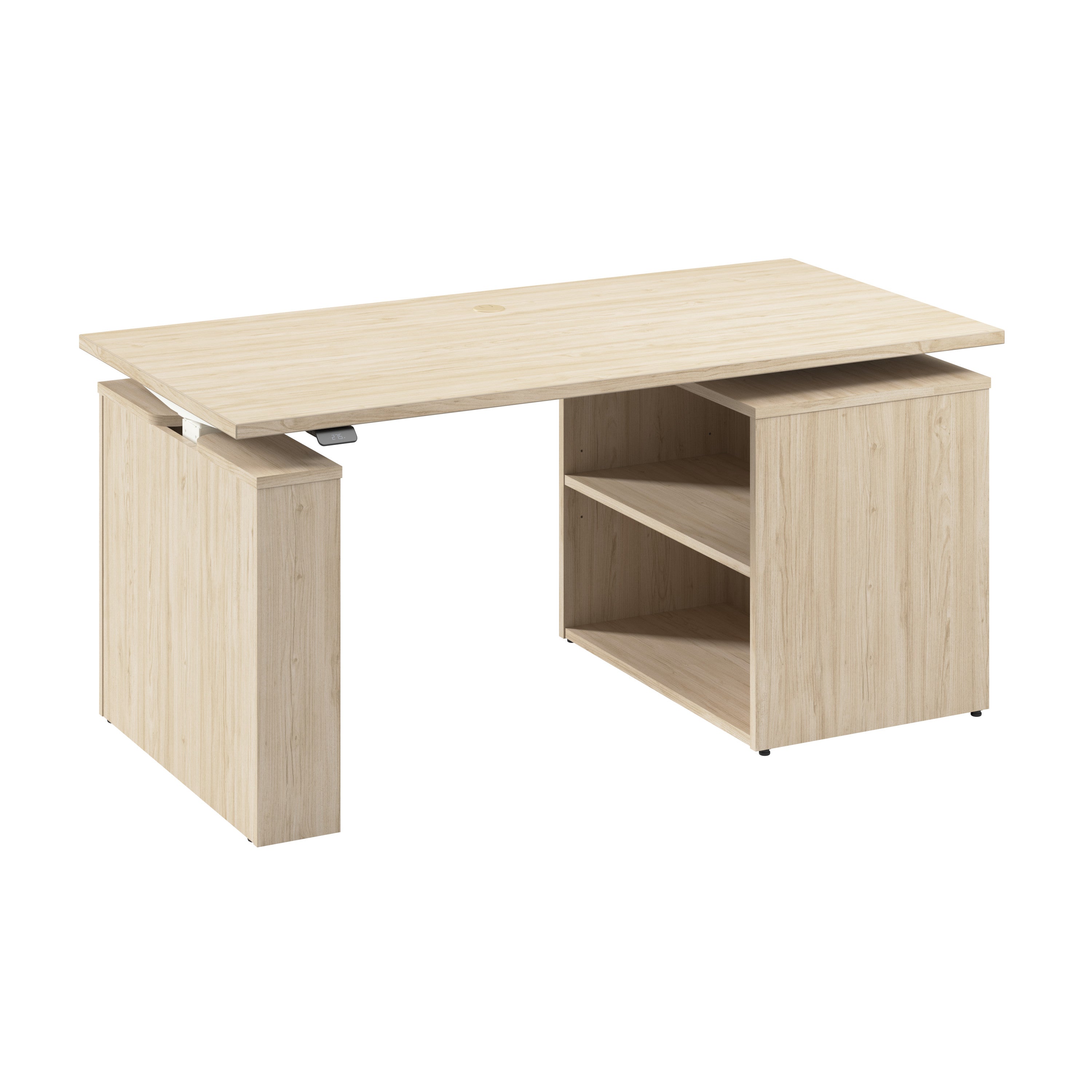 Bush Business Furniture Stratus&nbsp;60W x&nbsp;30D Electric Height Adjustable Standing Desk with Bookcase in Natural Elm with White Base - 59.45" Width x 29.37" Depth x 27.44" Height
