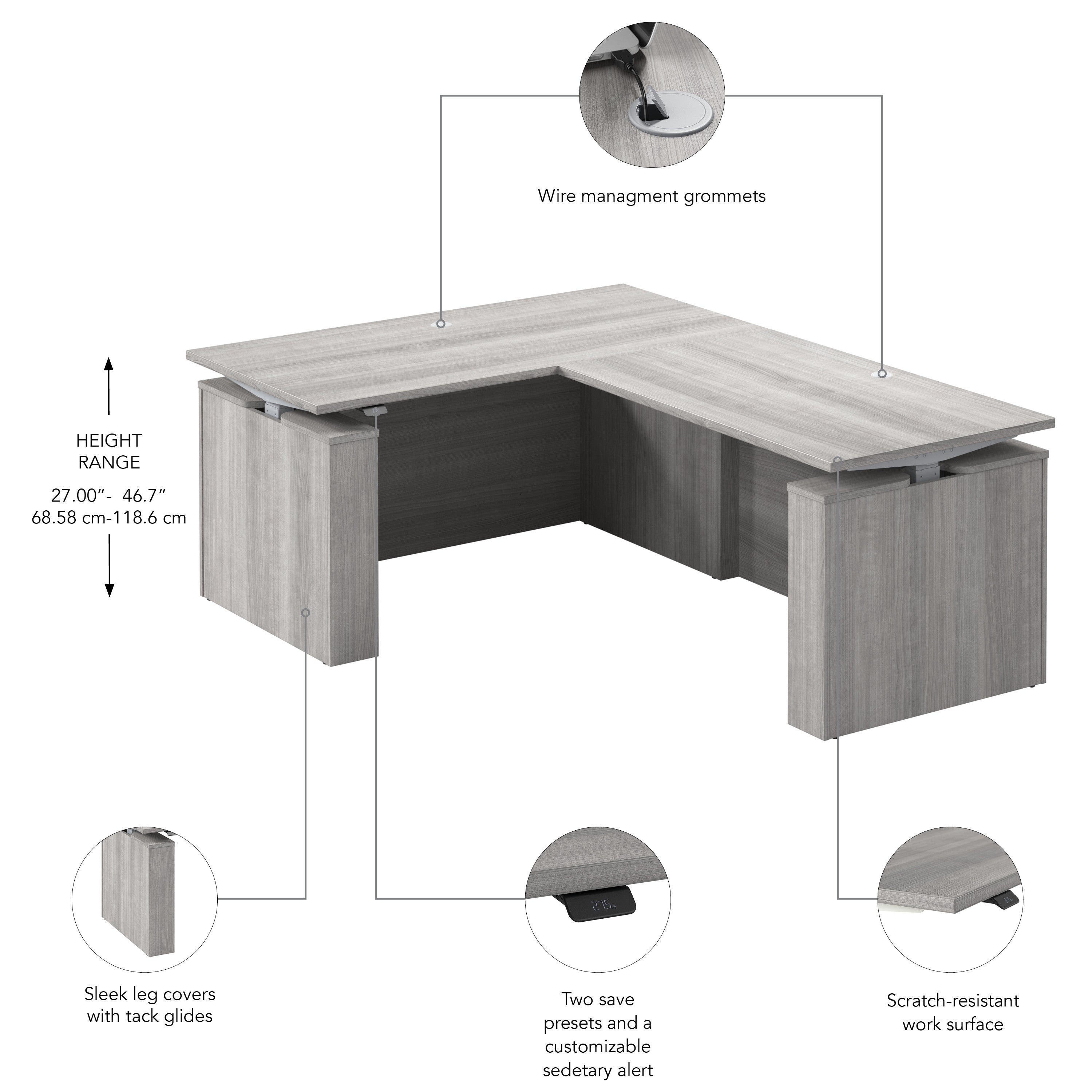 Bush Business Furniture Stratus&nbsp;60W x&nbsp;78D Electric Height Adjustable L Shaped Standing Desk in Platinum Gray with Metallic Gray Base - 59.45" Width x 76.97" Depth x 27.44" Height