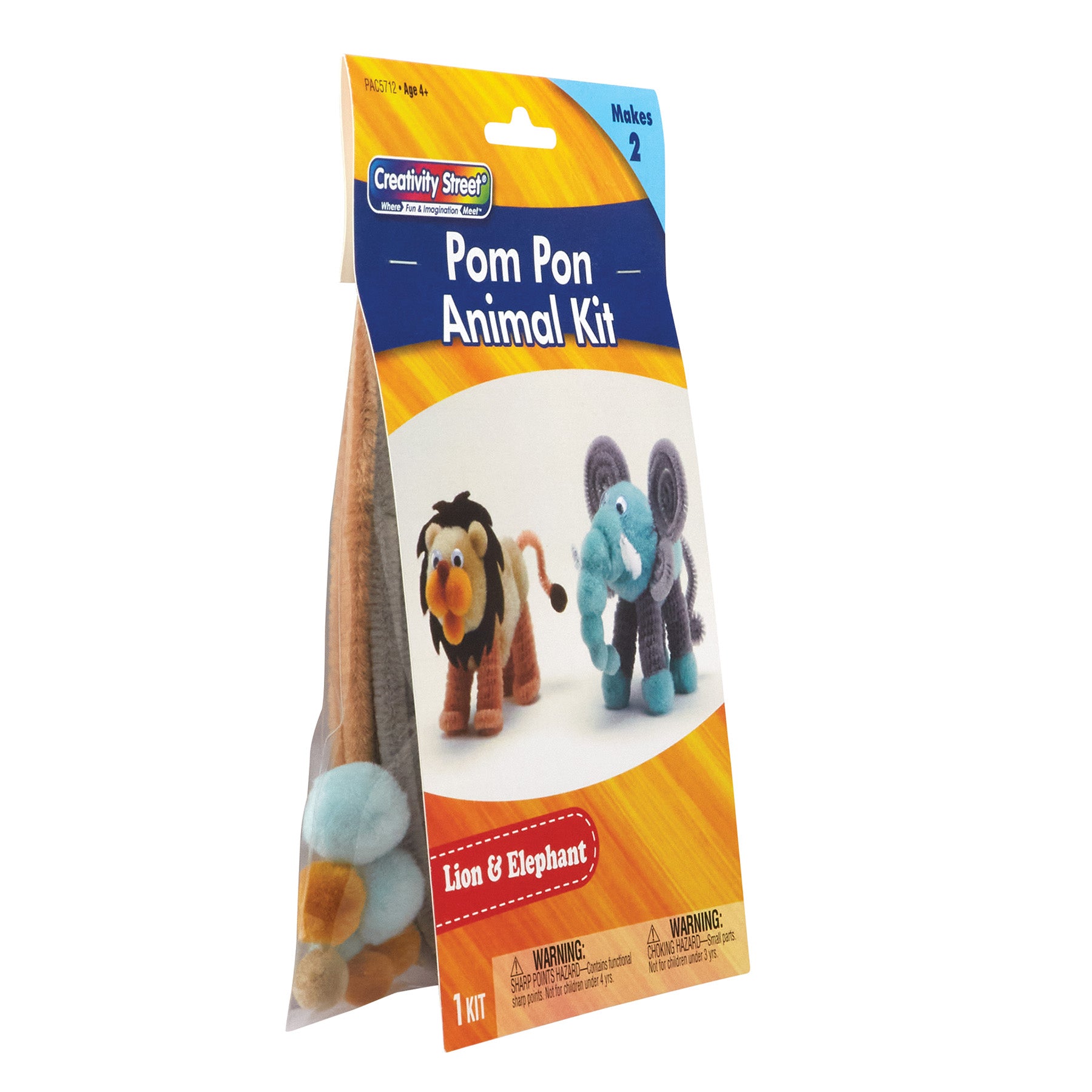 Pom Pon Animal Kit, Lion & Elephant, Assorted Sizes, 1 Kit Makes 2 Animals