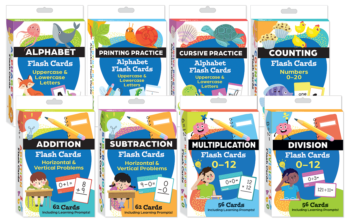 Literacy & Math Flash Cards Complete 8–Deck Set, Alphabet, Printing, Cursive, Counting, Addition, Subtraction, Multiplication, & Division