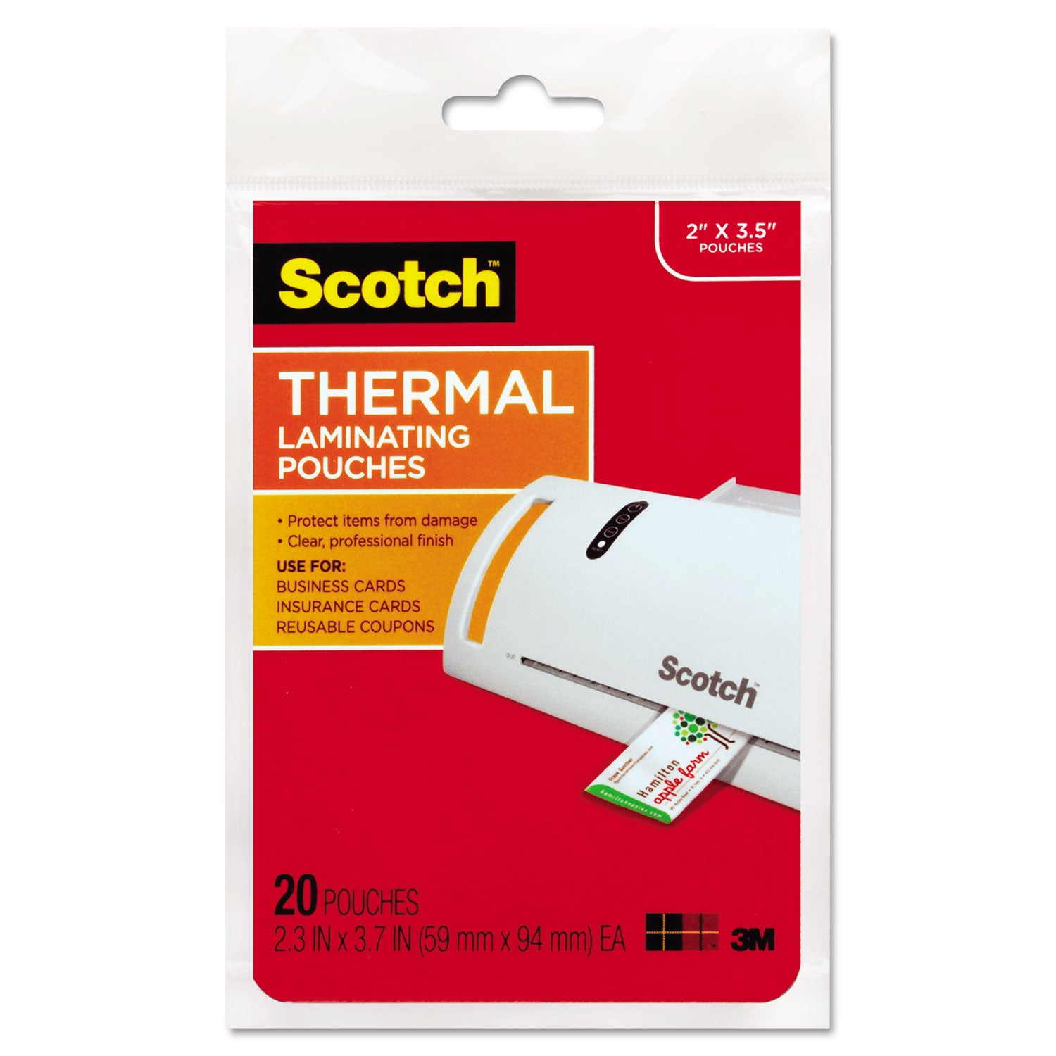 Scotch Thermal Laminating Pouches - Laminating Pouch/Sheet Size: 2.30" Width x 3.70" Length x 5 mil Thickness - Glossy - for Photo, Document, Business Card, Lists, Coupon, Punch Card - Double Sided, Photo-safe - Clear - 1 Pack