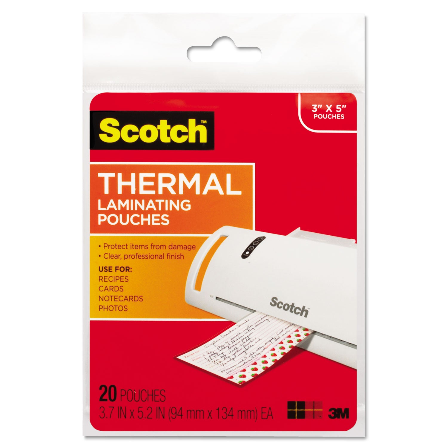 Scotch Thermal Laminating Pouches - Laminating Pouch/Sheet Size: 3.70" Width x 5.20" Length x 5 mil Thickness - Glossy - for Photo, Document, Lists, Card, Recipe - Double Sided, Photo-safe - Clear - 1 Pack