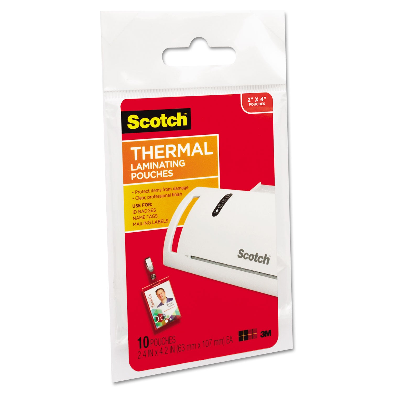 Scotch Thermal Laminating Pouches - Laminating Pouch/Sheet Size: 2.40" Width x 4.20" Length x 5 mil Thickness - Glossy - for Photo, ID Badge, Document, Lists, Card - Double Sided, Photo-safe - Clear - 10 / Pack