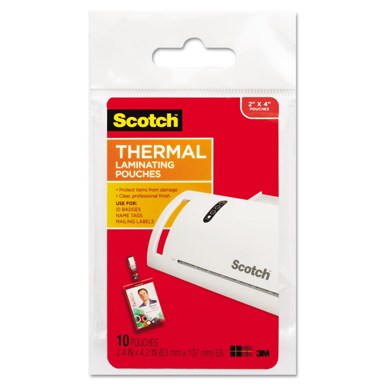 Scotch Thermal Laminating Pouches - Laminating Pouch/Sheet Size: 2.40" Width x 4.20" Length x 5 mil Thickness - Glossy - for Photo, ID Badge, Document, Lists, Card - Double Sided, Photo-safe - Clear - 10 / Pack
