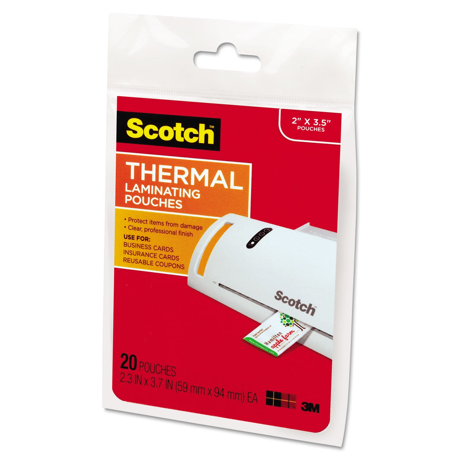 Scotch Thermal Laminating Pouches - Laminating Pouch/Sheet Size: 2.30" Width x 3.70" Length x 5 mil Thickness - Glossy - for Photo, Document, Business Card, Lists, Coupon, Punch Card - Double Sided, Photo-safe - Clear - 1 Pack