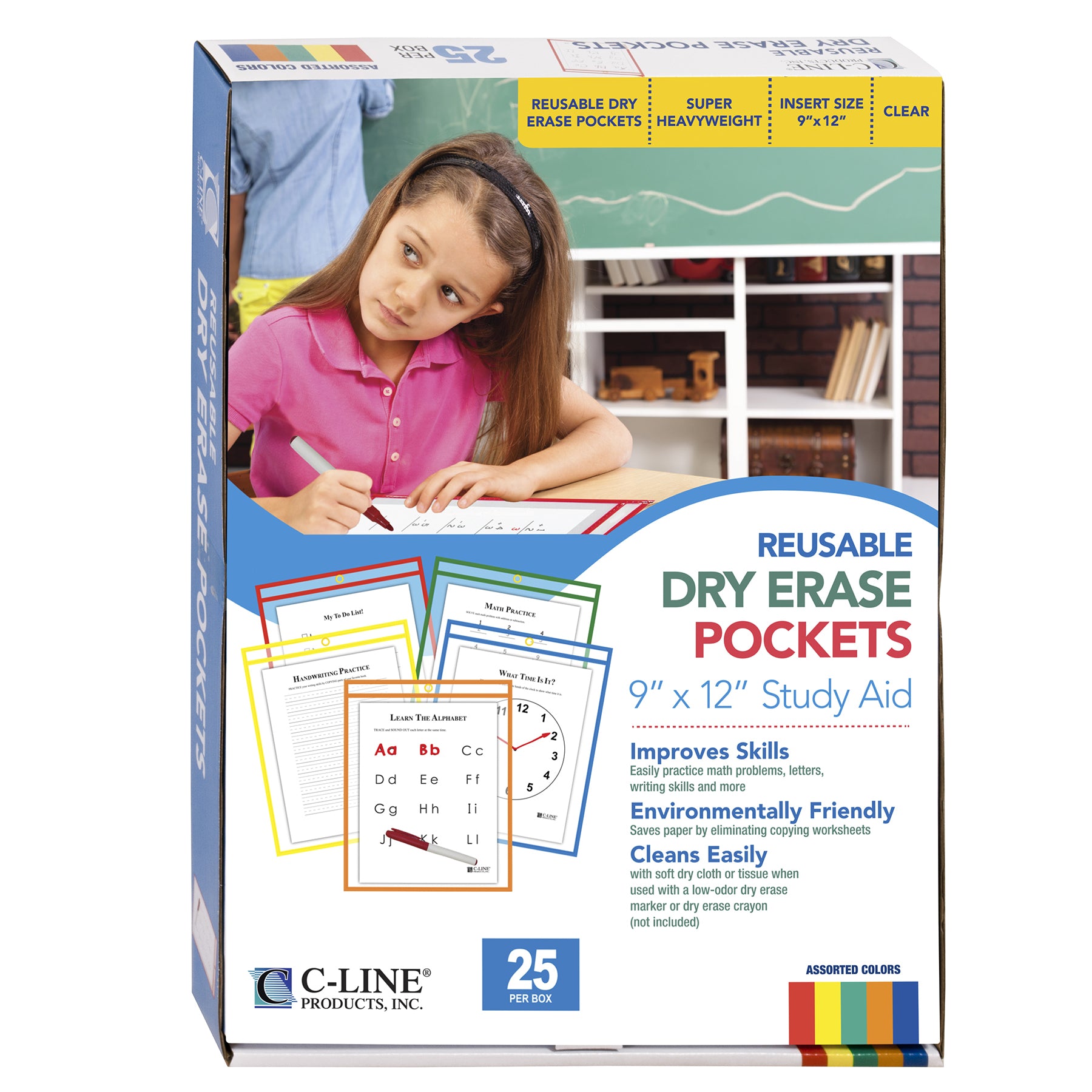 Reusable Dry Erase Pockets, Primary Colors, 9 x 12, Pack of 25