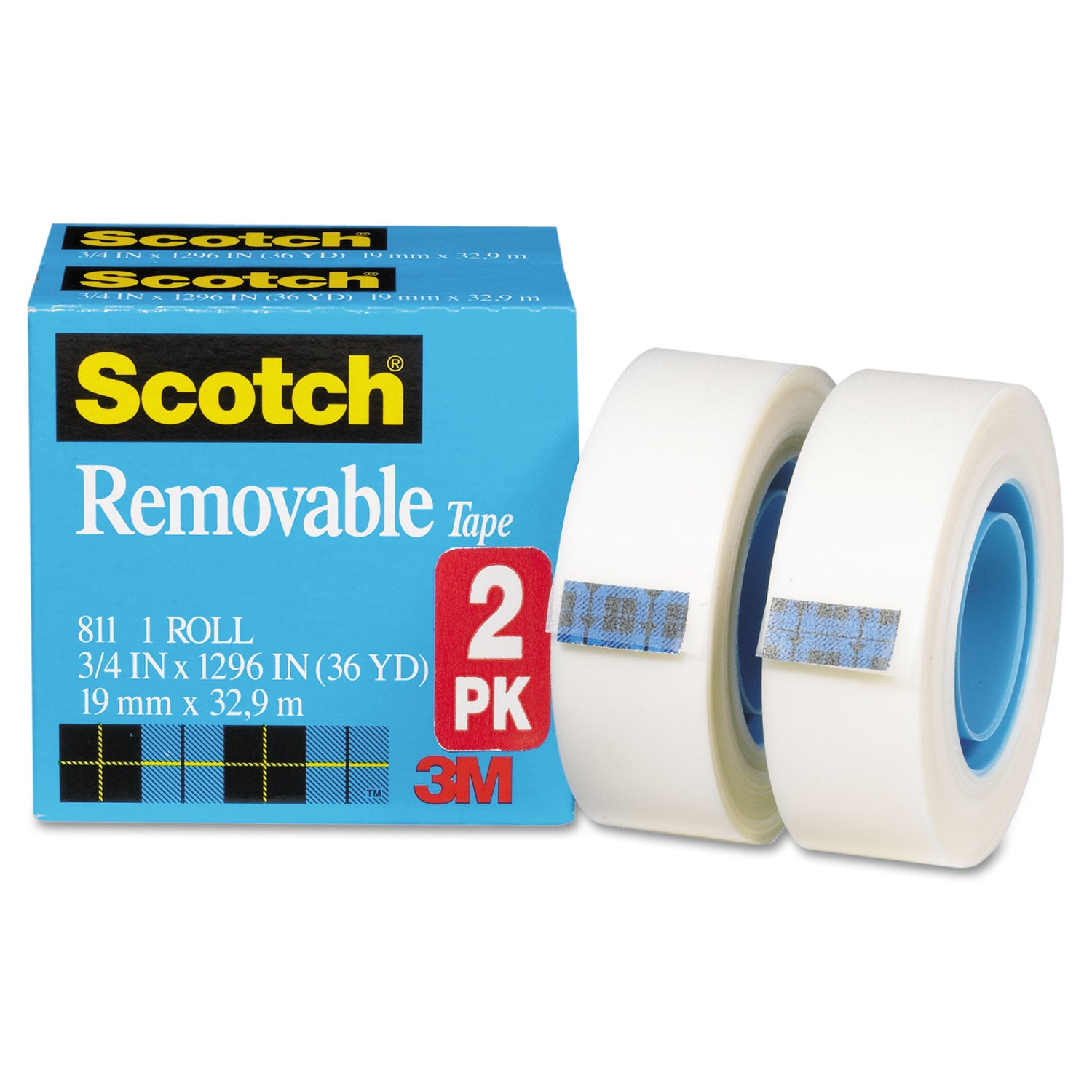Removable Tape, 1" Core, 0.75" X 36 Yds, Transparent, 2/pack