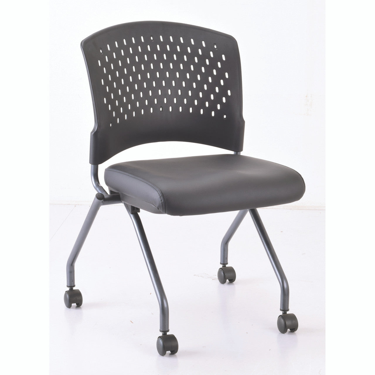 OfficeSource Perch Armless Nesting Chair with Casters, Titanium Frame - Black Antimicrobial PU Leather