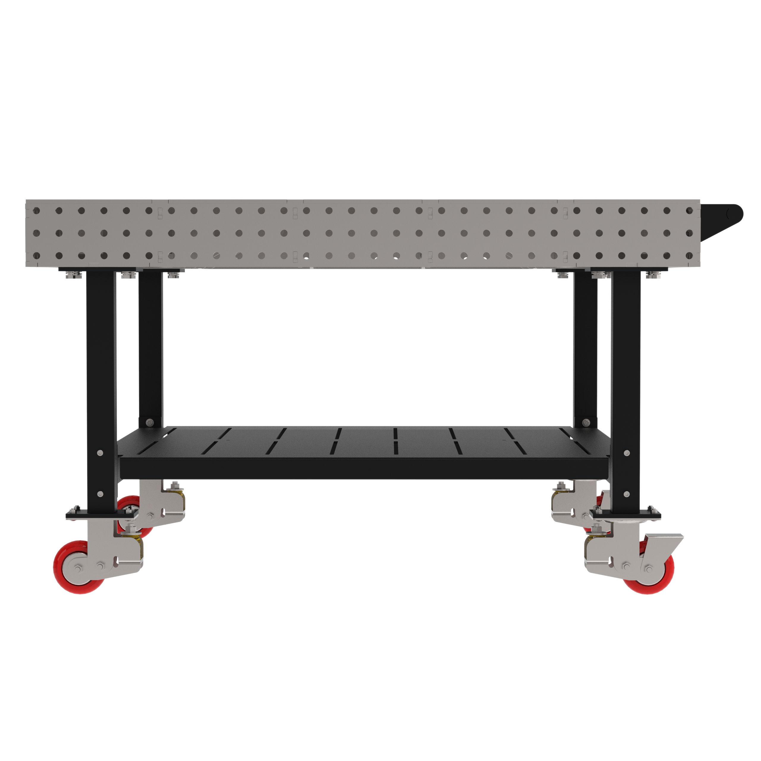 Welding Fixture Table, Fixed Height, 36"H x 60"L x 60"D, 1/4" Carbon Steel Top, Four Black Powdercoat Legs, Shelf, Handle, 4 Heavy Duty Suspension Casters (2 Locking/Swiveling Casters and 2 Non-Locking/Non-SwivelingCasters)