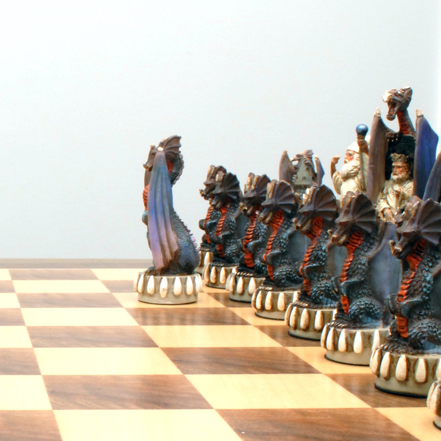 Handpainted Dragon Chess Set, Walnut Root Board 21 in, 4.5 in King