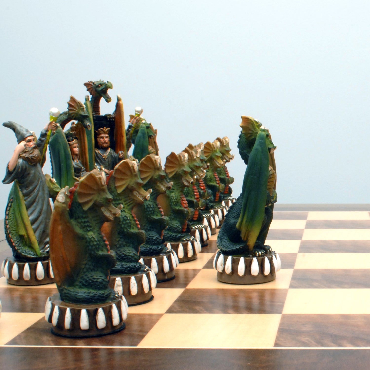 Handpainted Dragon Chess Set, Walnut Root Board 21 in, 4.5 in King