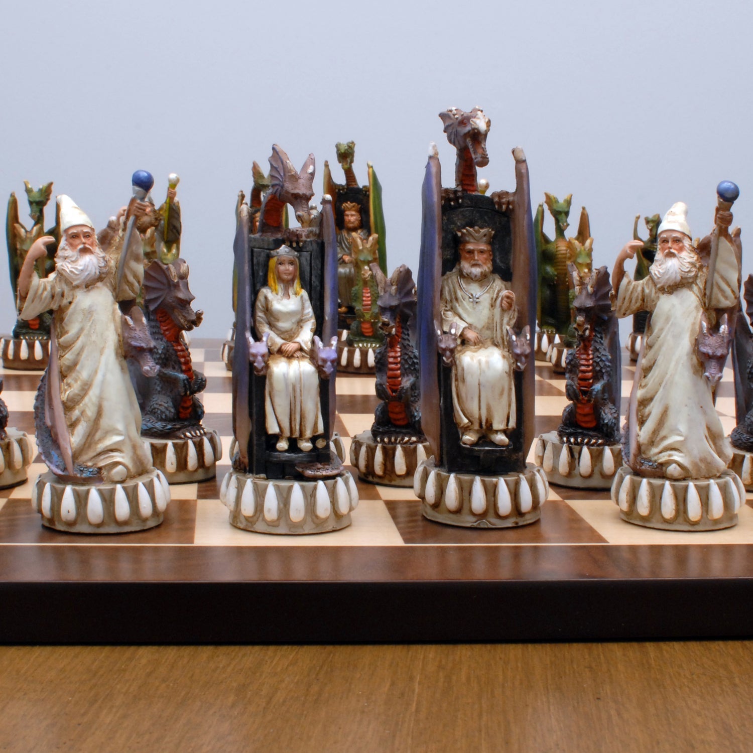 Handpainted Dragon Chess Set, Walnut Root Board 21 in, 4.5 in King