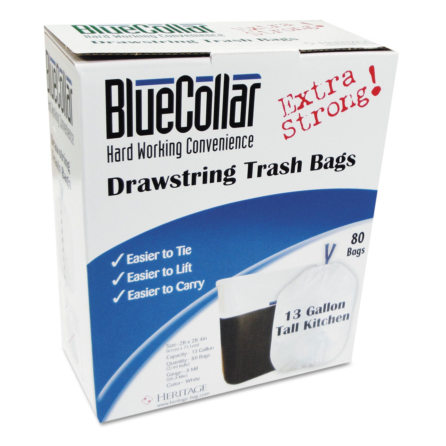 BlueCollar 13-gallon Drawstring Trash Bags - 13 gal Capacity - 28" Length x 24" Width x 0.80 mil (20 Micron) Thickness - Drawstring Closure - White - Garbage - 80 / Box