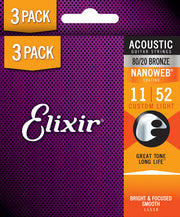 Elixir 16538X 80/20 Bronze Acoustic Guitar Strings With NANOWEB, Custom Light (11-52) 3-Pack
