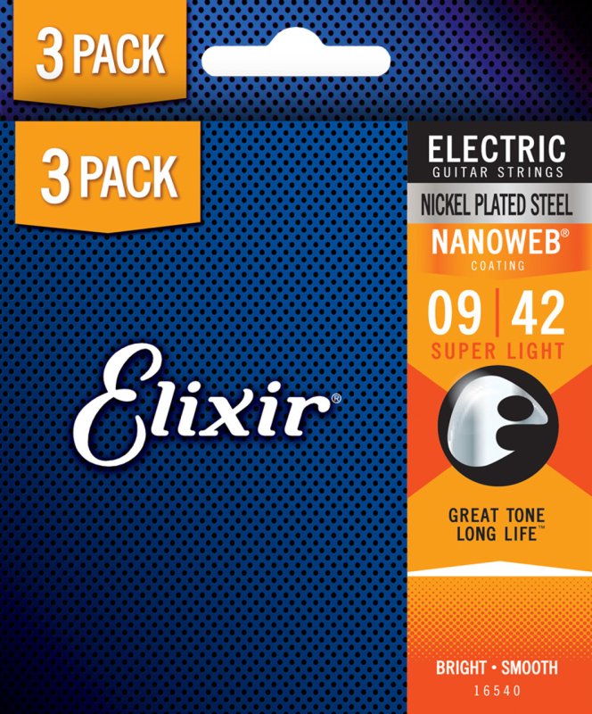 Elixir 16540X Nickel Plated Steel Electric Guitar Strings With NANOWEB, Super Light (9-42) 3-Pack