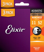Elixir 16544X Phosphor Bronze Acoustic Guitar Strings With NANOWEB, Custom Light (11-52) 3-Pack