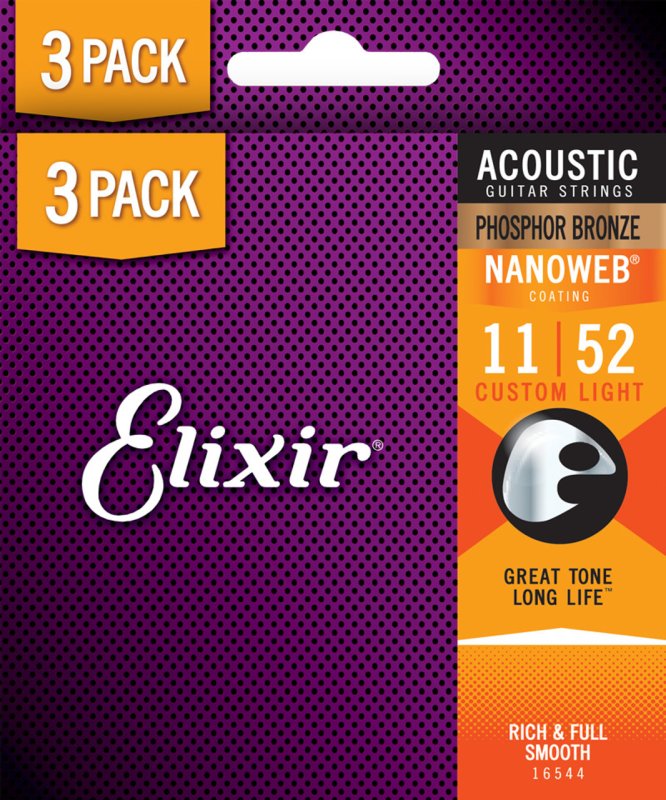 Elixir 16544X Phosphor Bronze Acoustic Guitar Strings With NANOWEB, Custom Light (11-52) 3-Pack