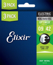Elixir 16550X Nickel Plated Steel Electric Guitar Strings With OPTIWEB, Super Light (9-42) 3-Pack