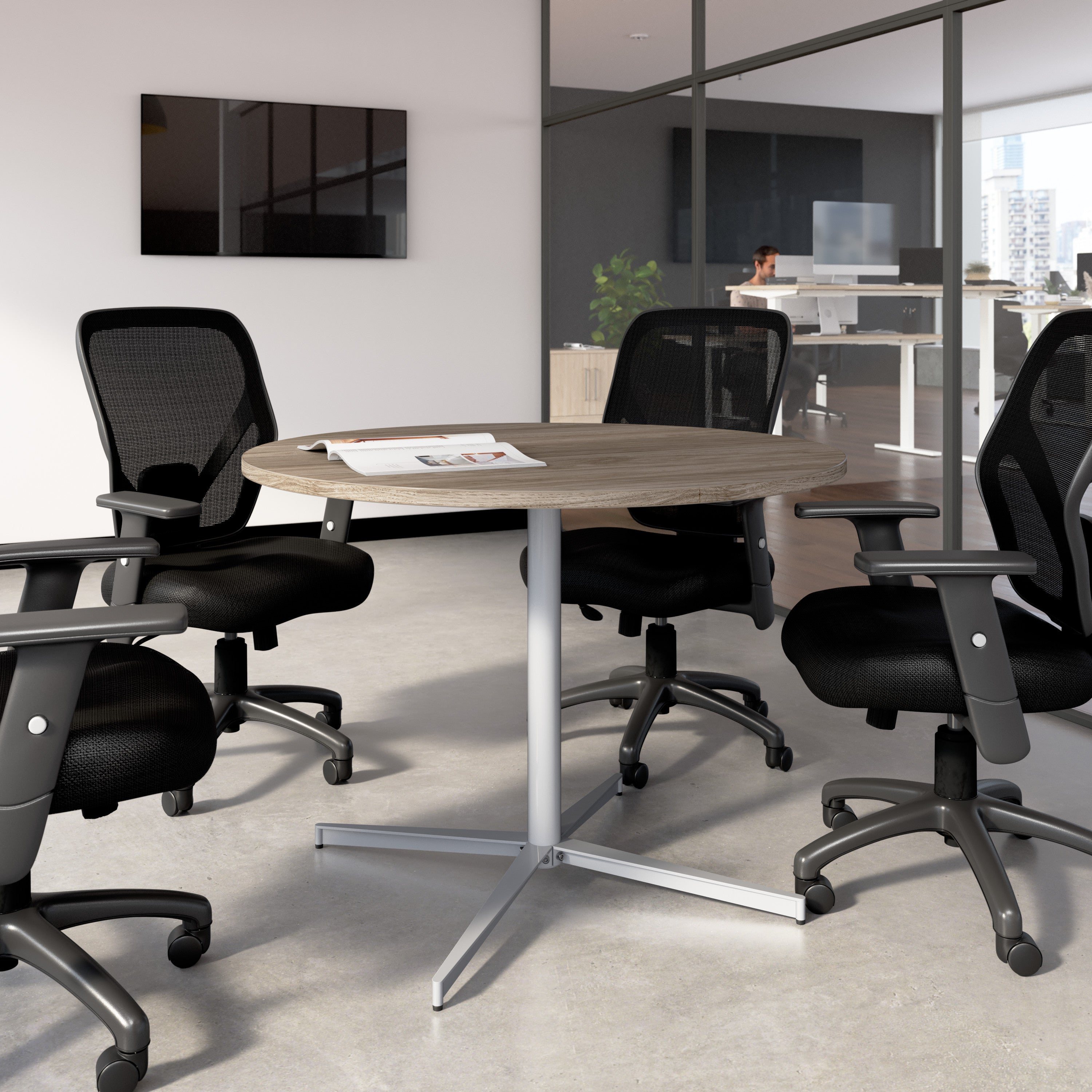 Bush Business Furniture 42-inch Round Conference Table with Metal Base in Modern Hickory - 41.38" Width x 41.38" Depth x 30.33" Height