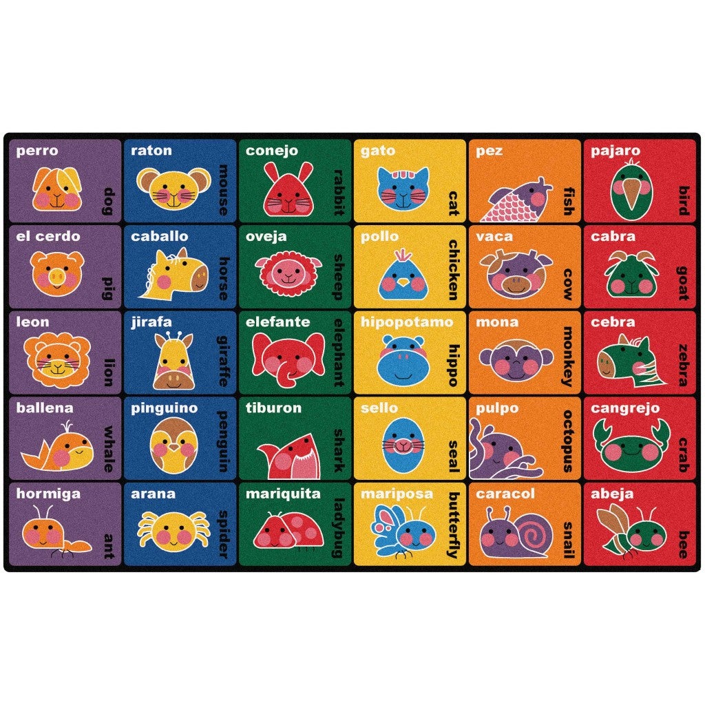 Bilingual Animals 30 Seat Classroom Rug - 7ft 6in x 12ft - Rectangle - Multi Color