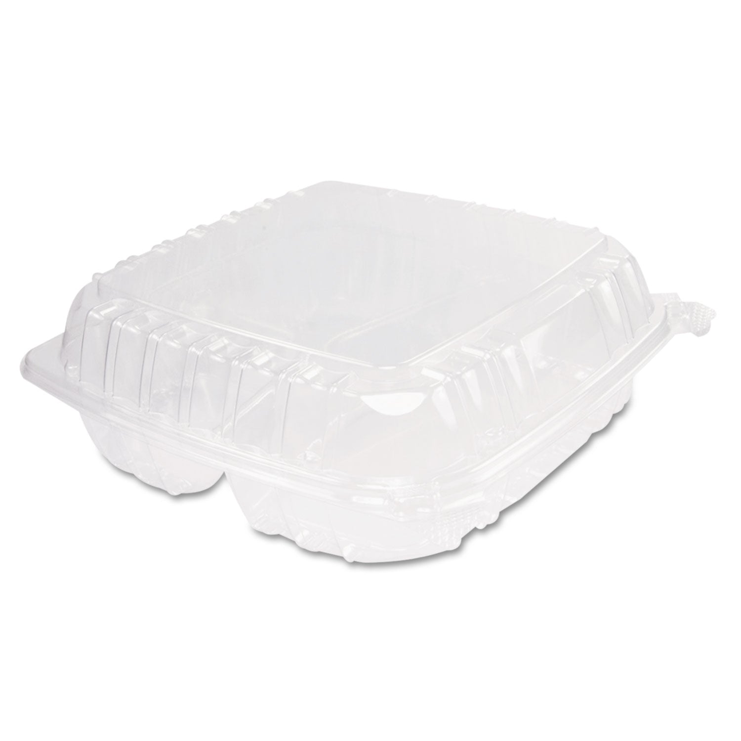 ClearSeal Hinged-Lid Plastic Containers, 3 Compartments, 9.4 x 8.9 x 3, Plastic, 100/Bag, 2 Bags/Carton