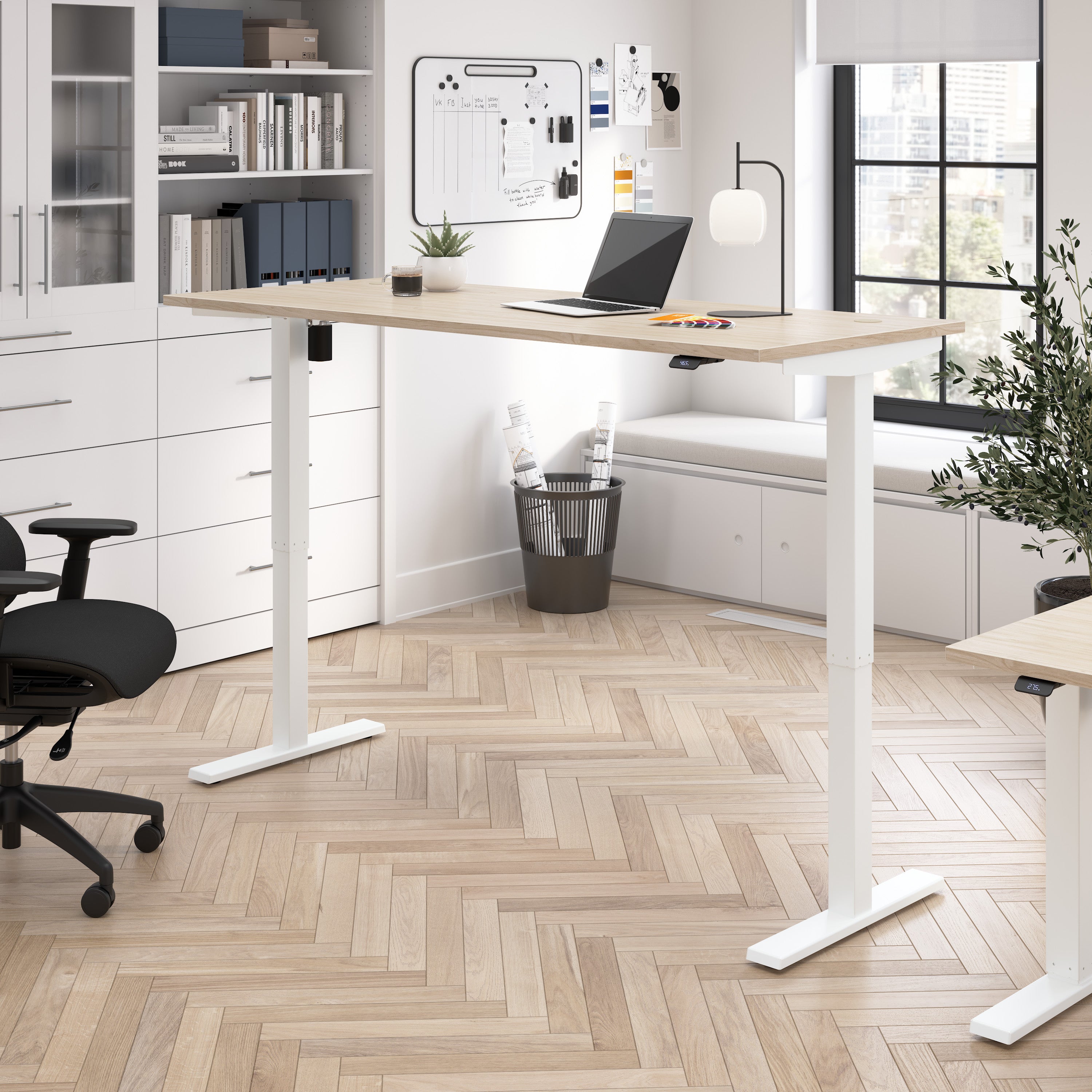 Bush Business Furniture Move 40 Series 72W x 30D Electric Height Adjustable Standing Desk in Natural Elm with White Base - 71.02" Width x 29.37" Depth x 28.17" Height