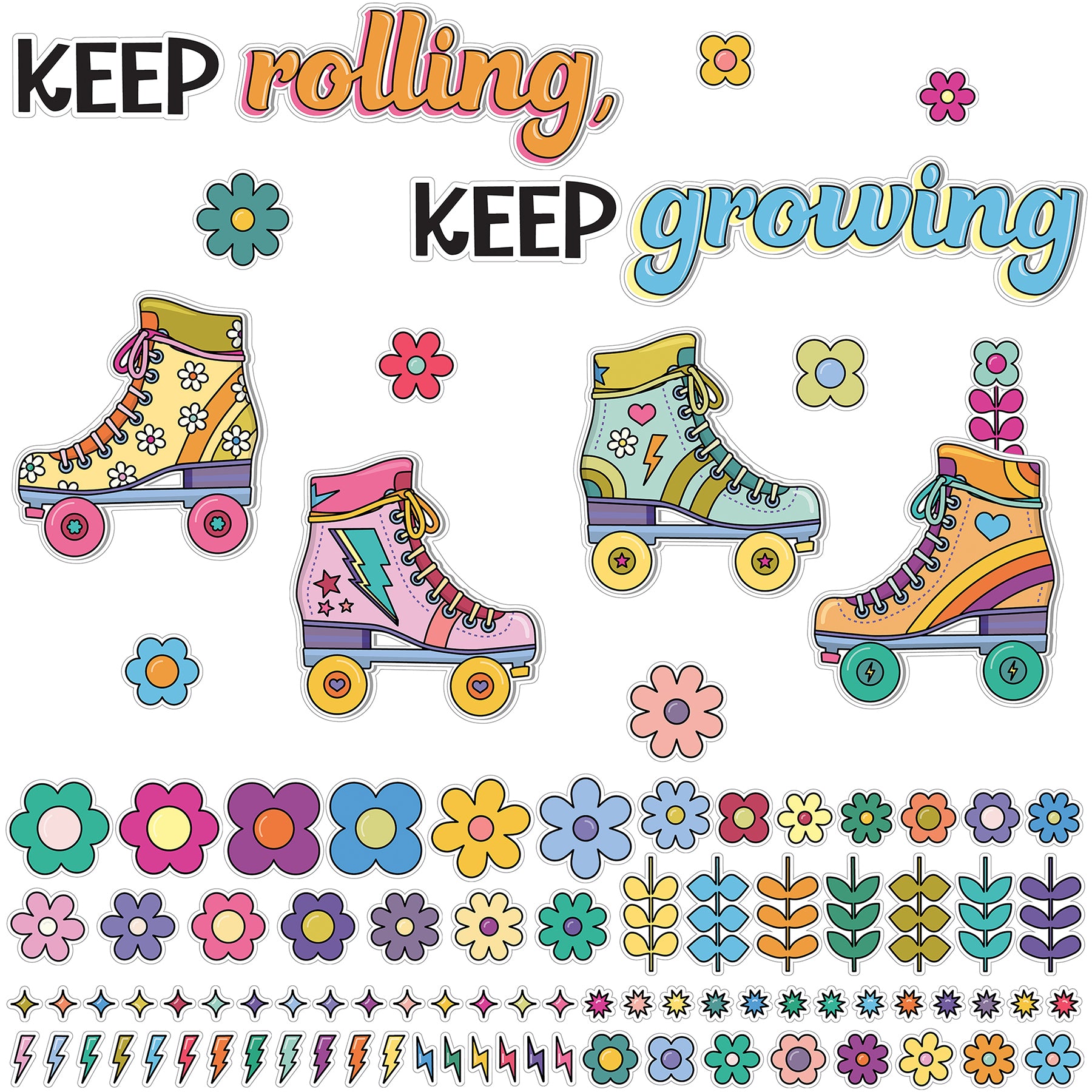 Happily Ever Elementary Retro Remix Keep Rolling, Keep Growing Bulletin Board Set, 103 Pieces