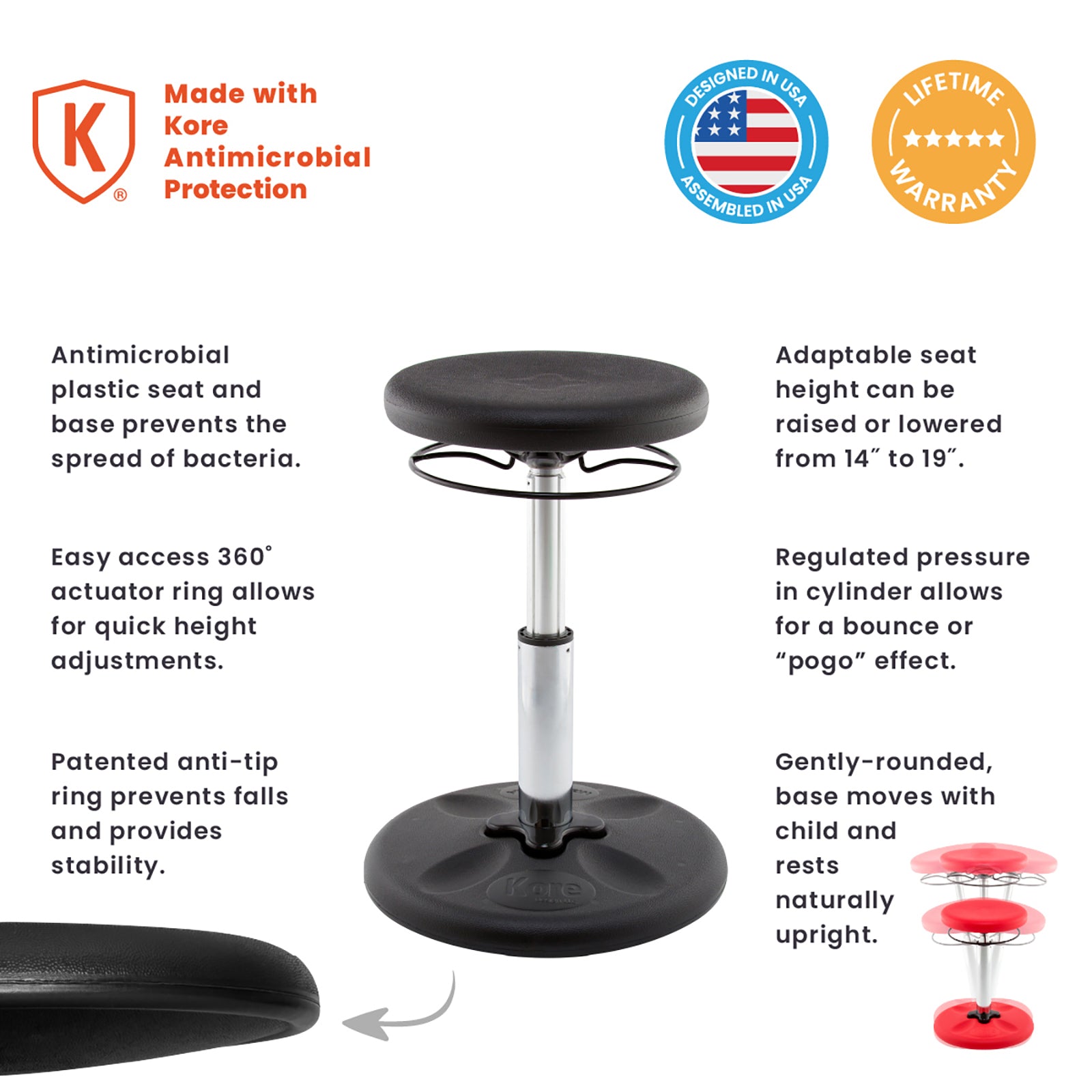 Kids Adjustable Standard Wobble Chair 14-19", Black